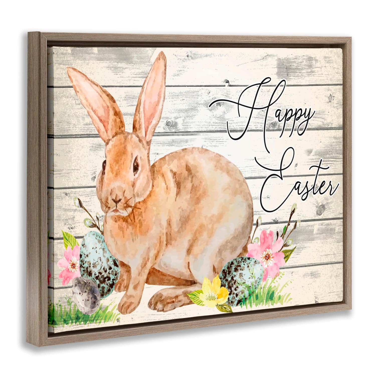 Stupell Industries Spring Floral Happy Easter Bunny Floater Framed Art