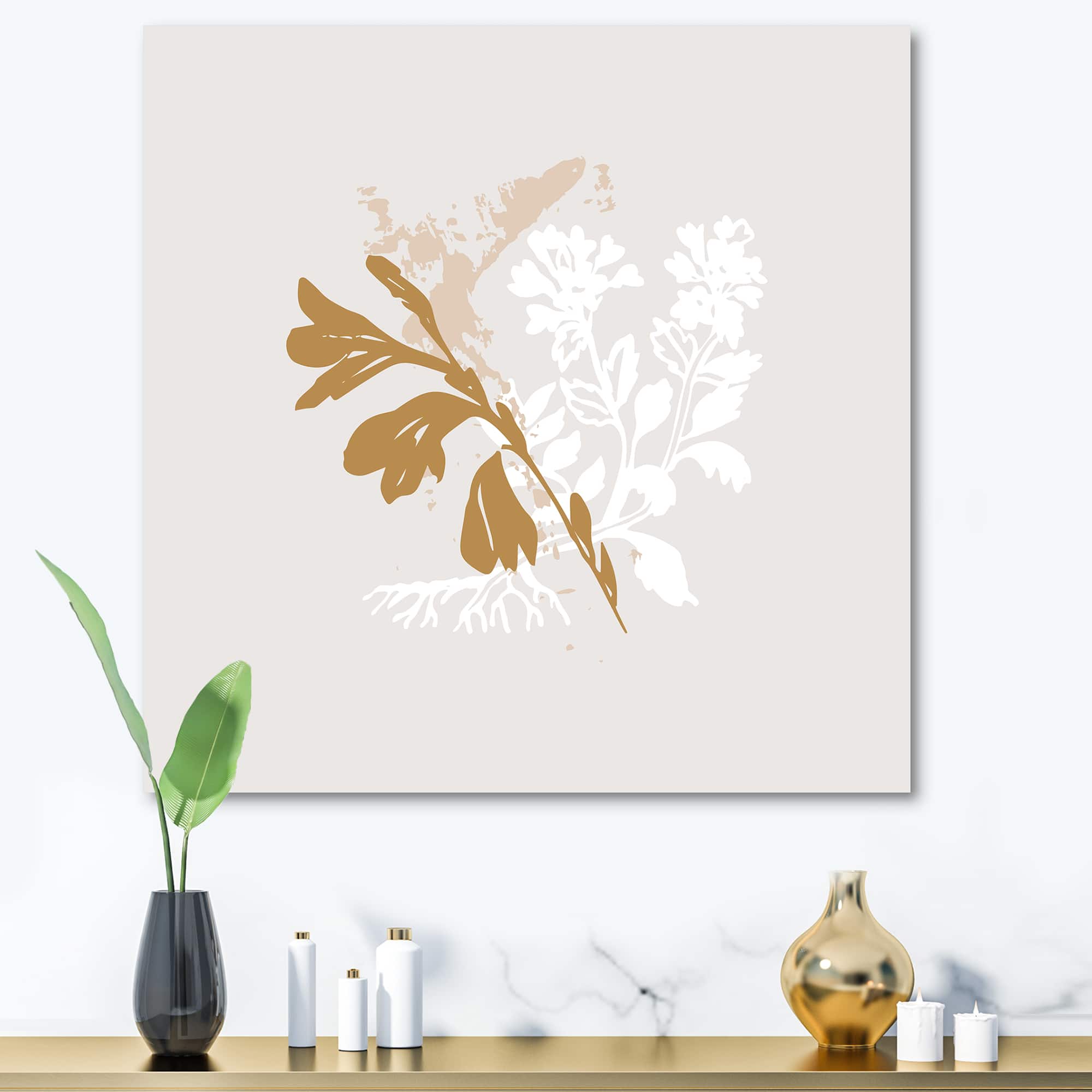 Designart - Minimal Botanical Design In Brown and White - Traditional Canvas Wall Art Print