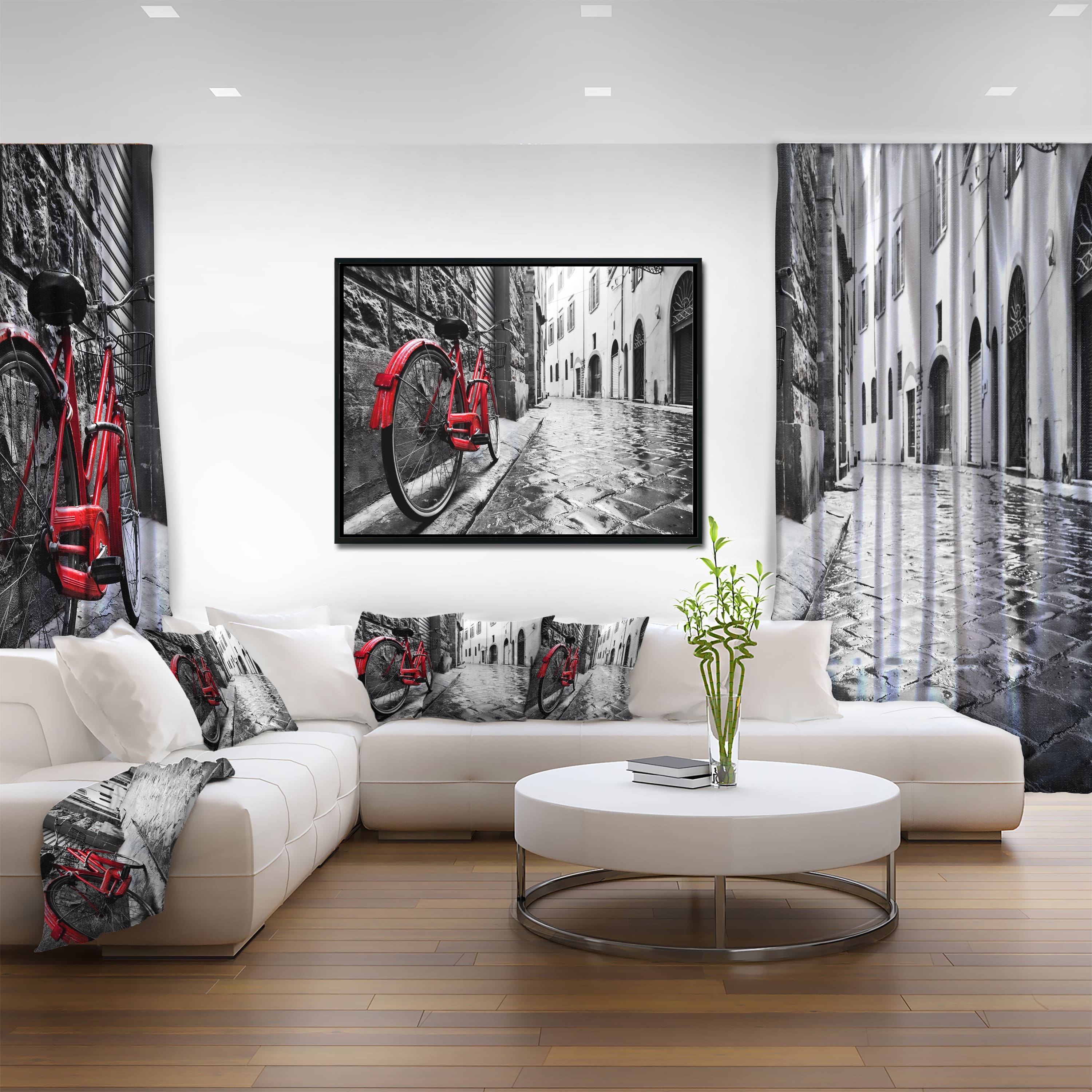 Designart - Retro Vintage Red Bike - Cityscape Photo Framed Canvas Art Print