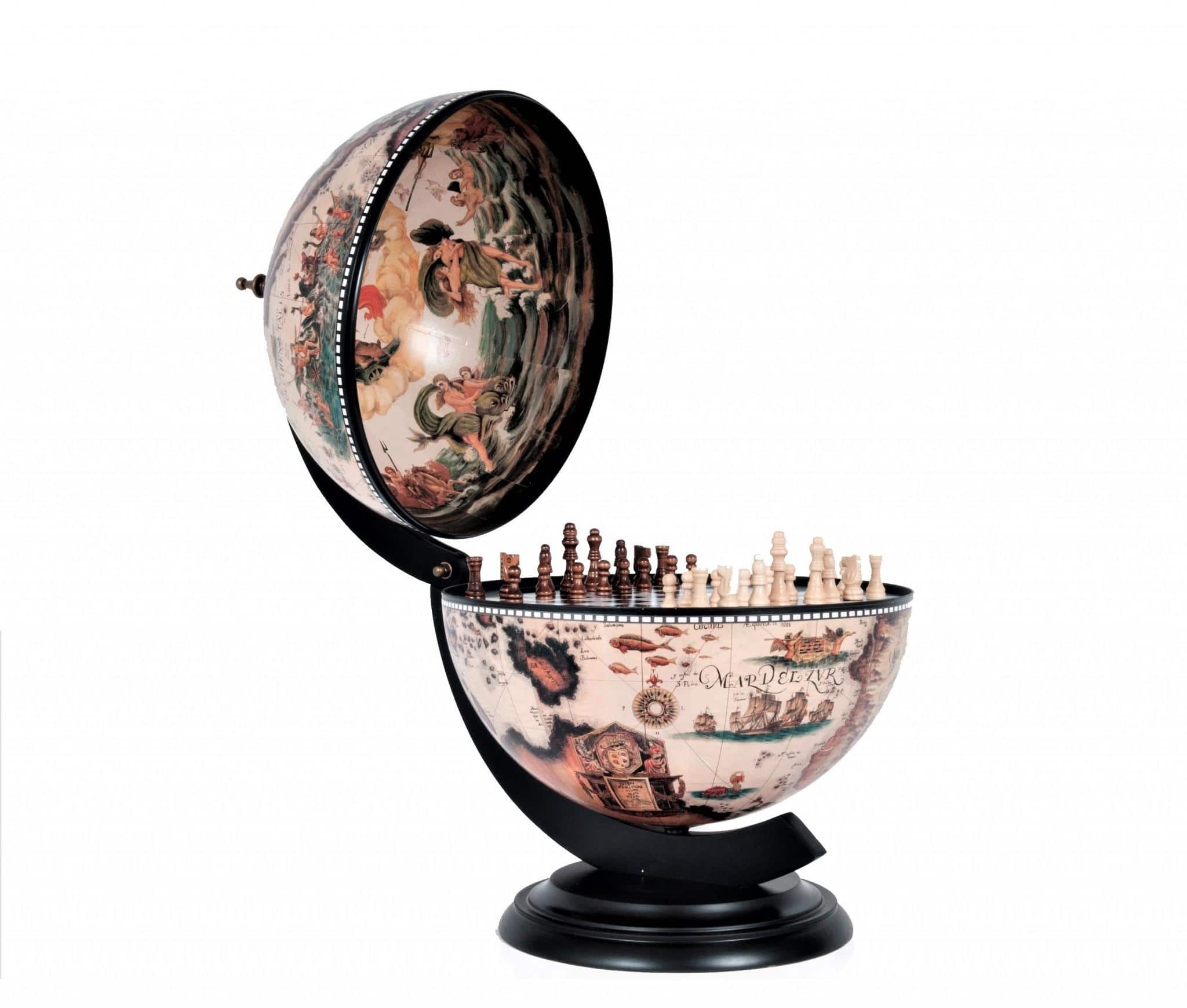 HomeRoots 20" Brown & Black World Map Globe Chess Game Set