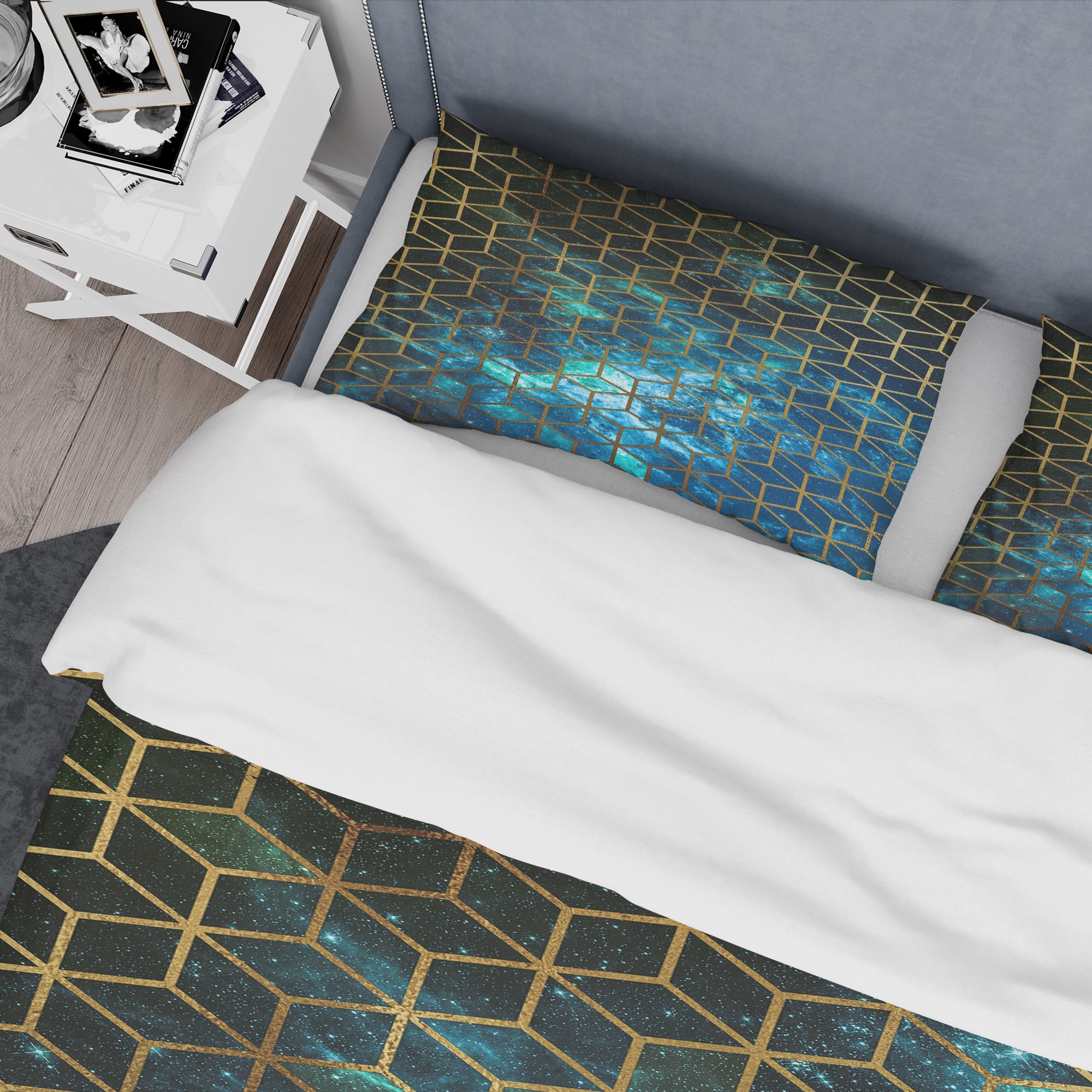 Designart 'Yellow Cubes over Blue Cosmic Background' Modern & Contemporary Bedding Set
