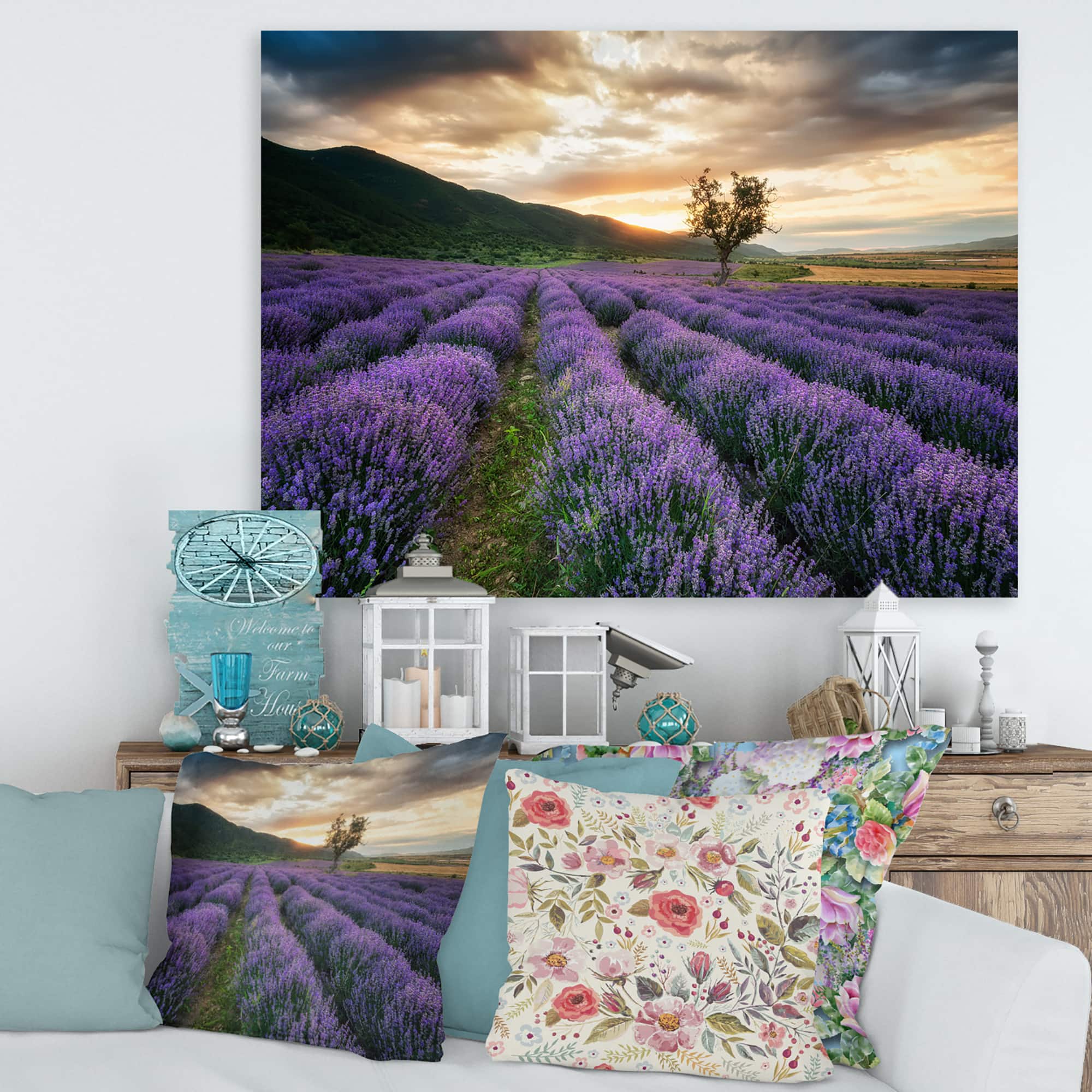Designart - Sunrise & Dramatic Clouds Over Lavender Field VII - Farmhouse Canvas Wall Art Print