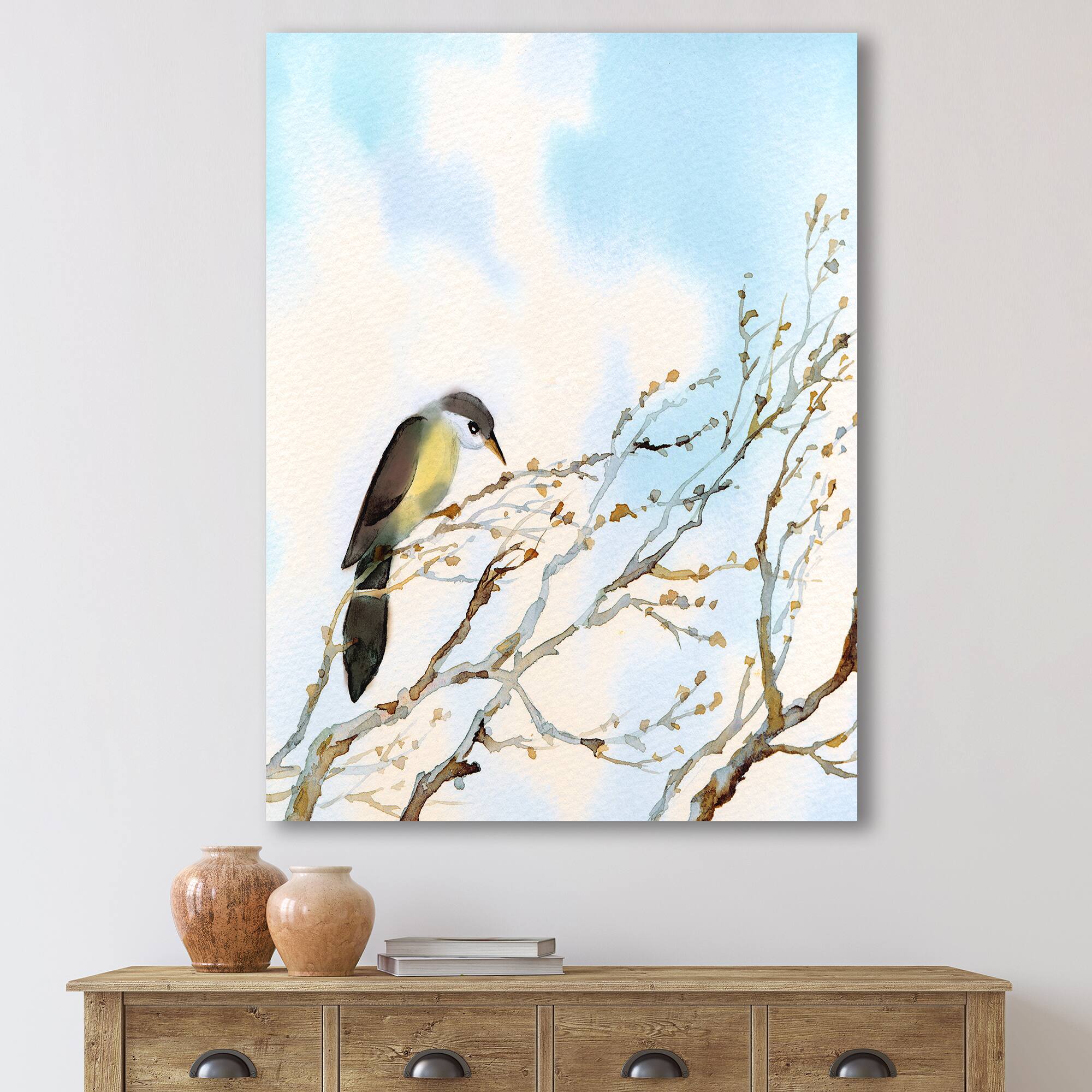 Designart - Bird On Old Bare Tree With Blue Cloudy Sky - Traditional Canvas Wall Art Print