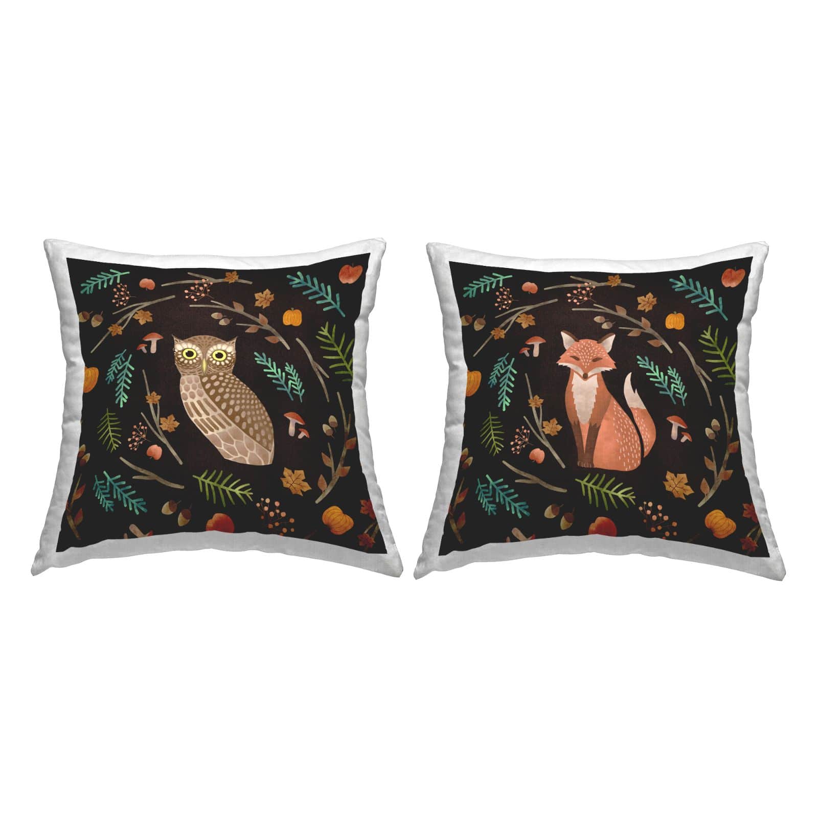 Stupell Industries Cozy Autumn Botanicals Owl & Fox Woodland Creatures Throw Pillow Set