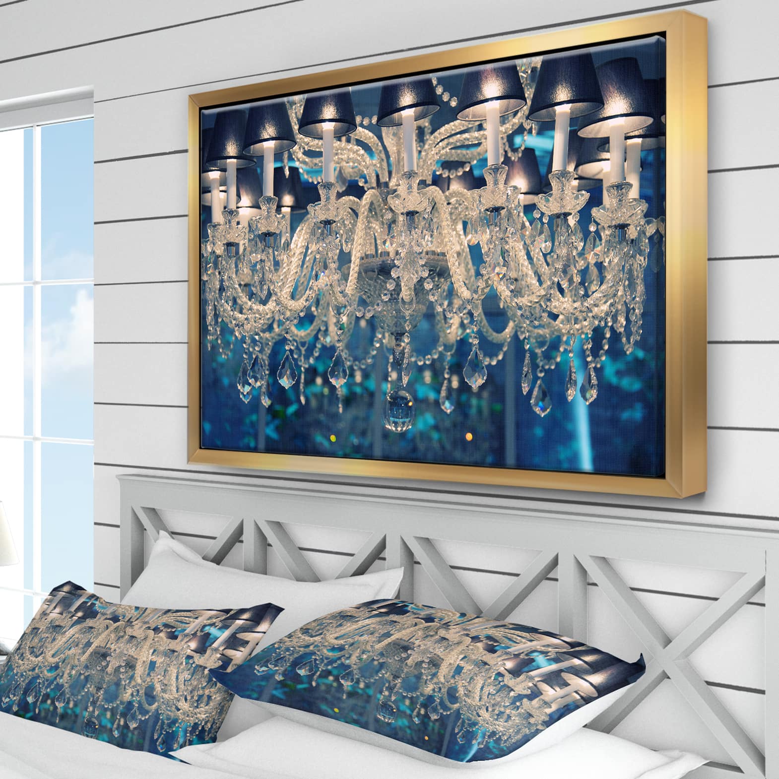 Designart - Blue Vintage Crystal Chandelier - Flower Artwork on Framed Canvas