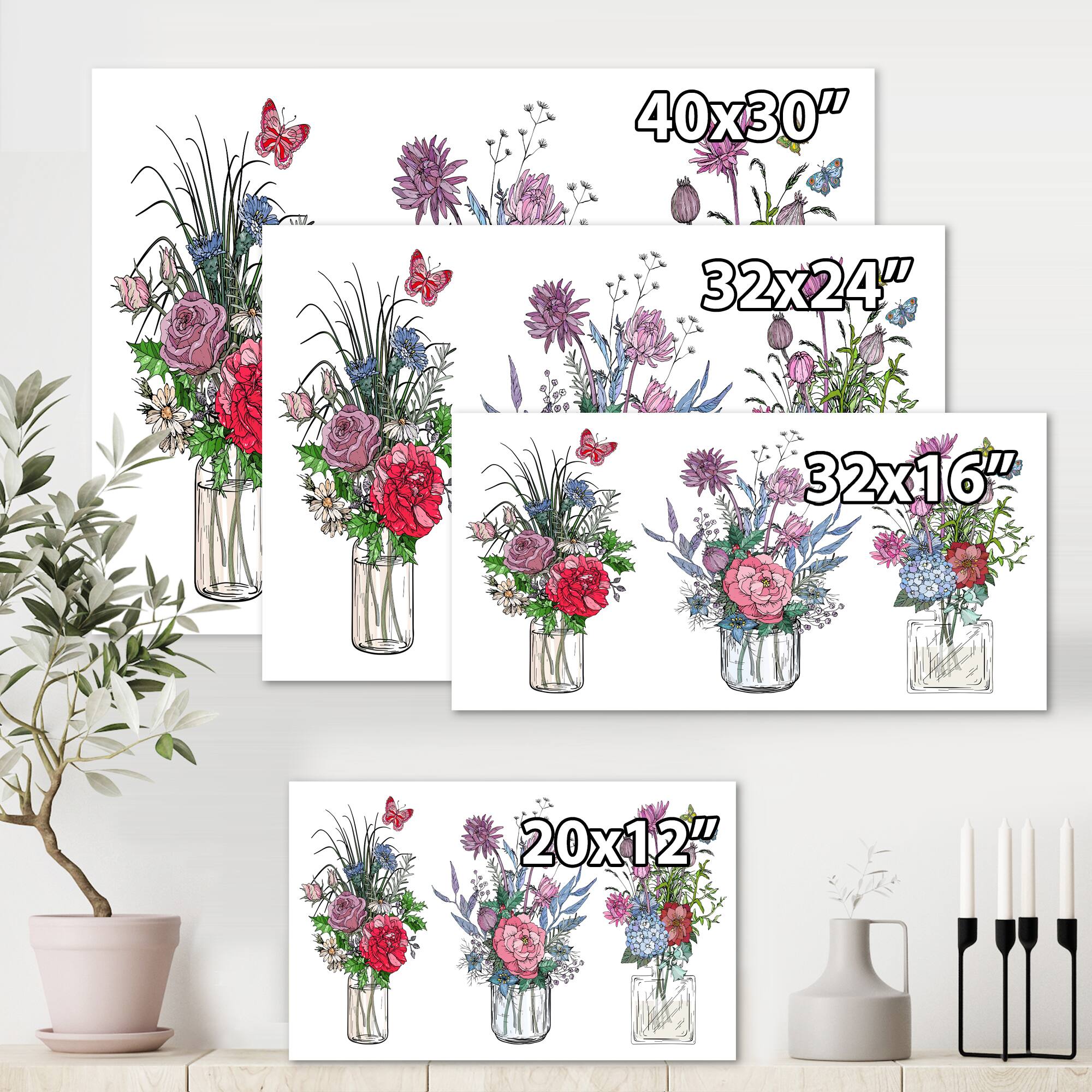 Designart - Bouquets of Wildflowers In Transparent Vases I - Farmhouse Canvas Wall Art Print
