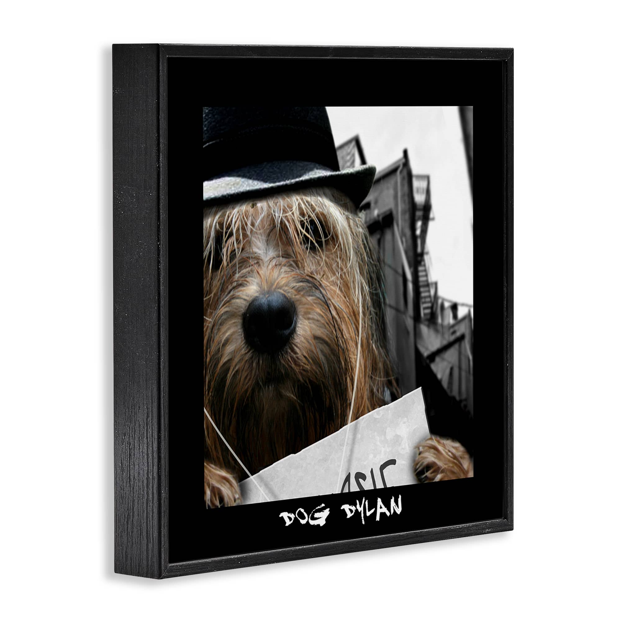 Stupell Industries Dog Dylan Funny Musician Wearing Hat Cityscape Framed Giclee Art