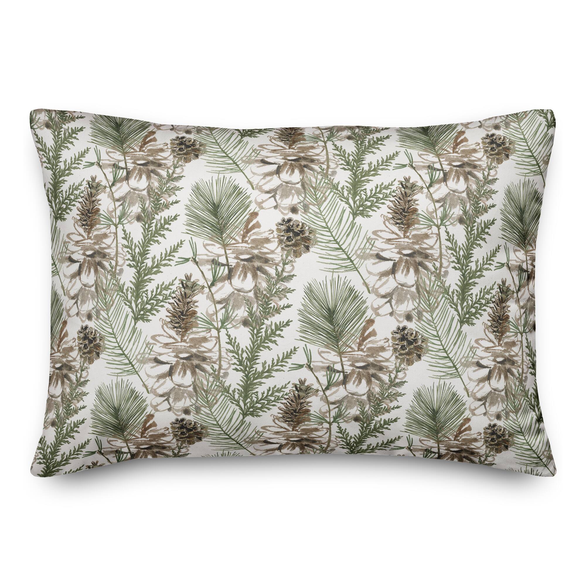 Pinecones & Greenery on White Rectangle Throw Pillow