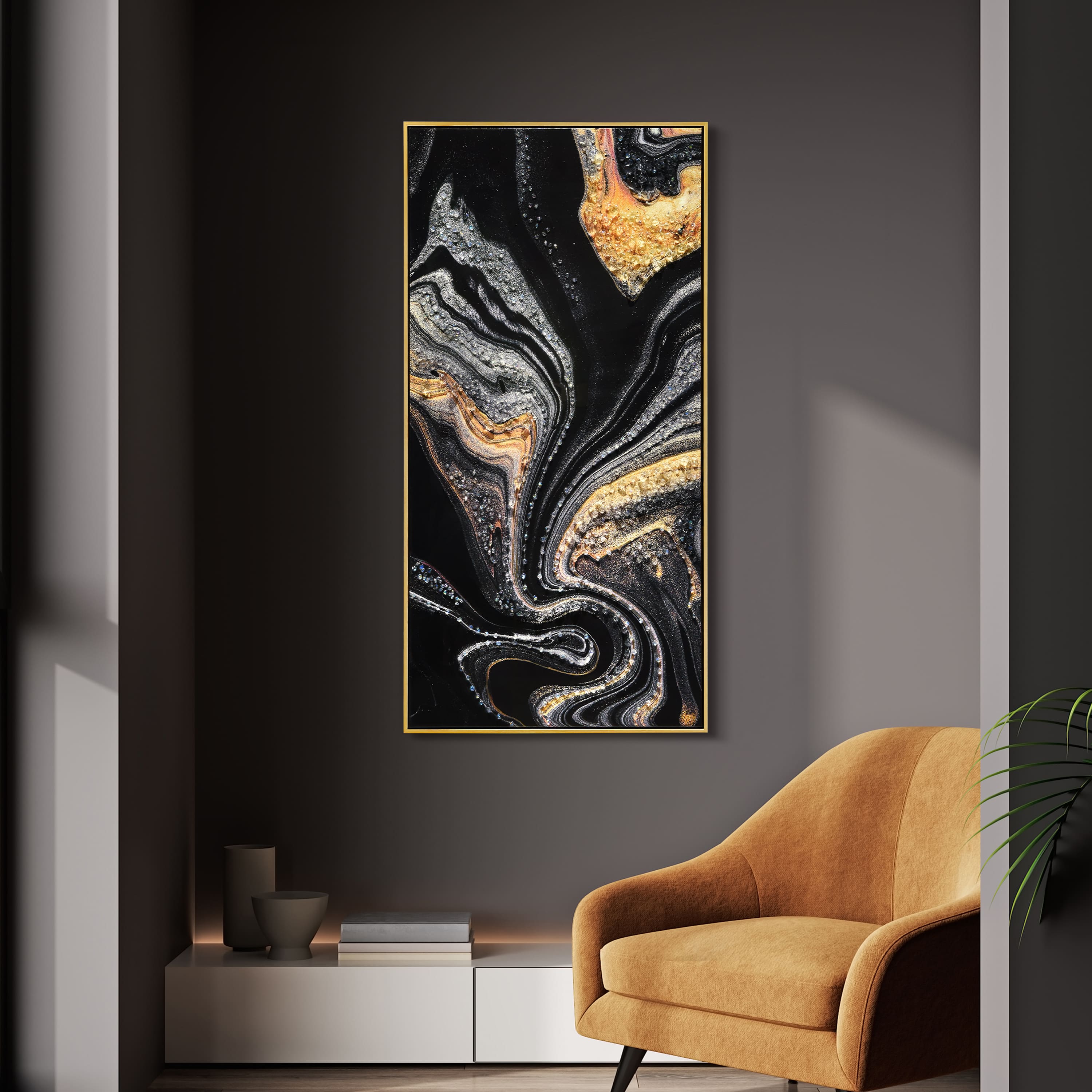 Empire Art Direct Arte De Crystallus 24" x 48" Golden Veins III Epoxy Coated Wrapped Framed Glossy Abstract Canvas Wall Art