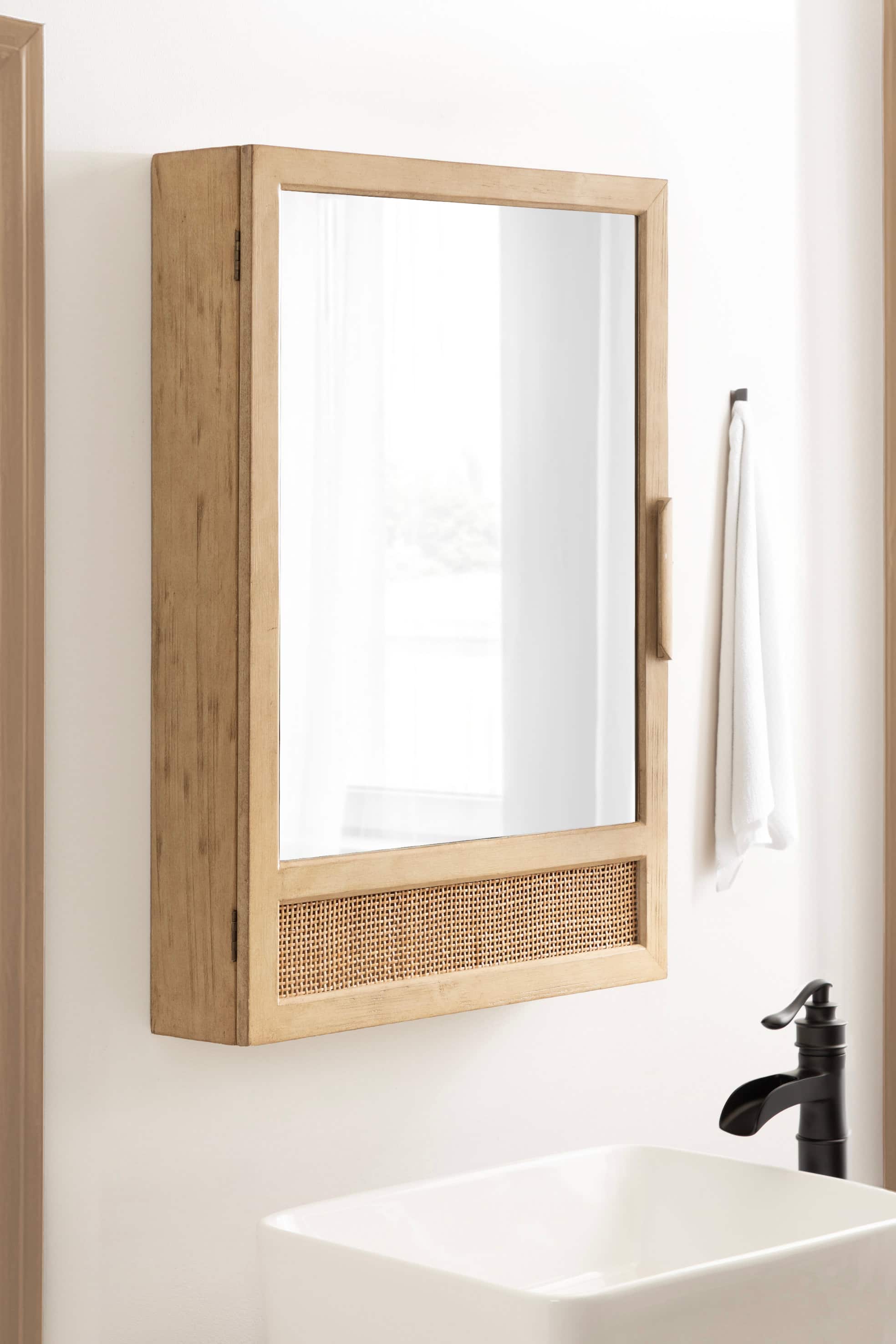 Kate and Laurel Ori Rattan & Wood Mirror Vanity Cabinet