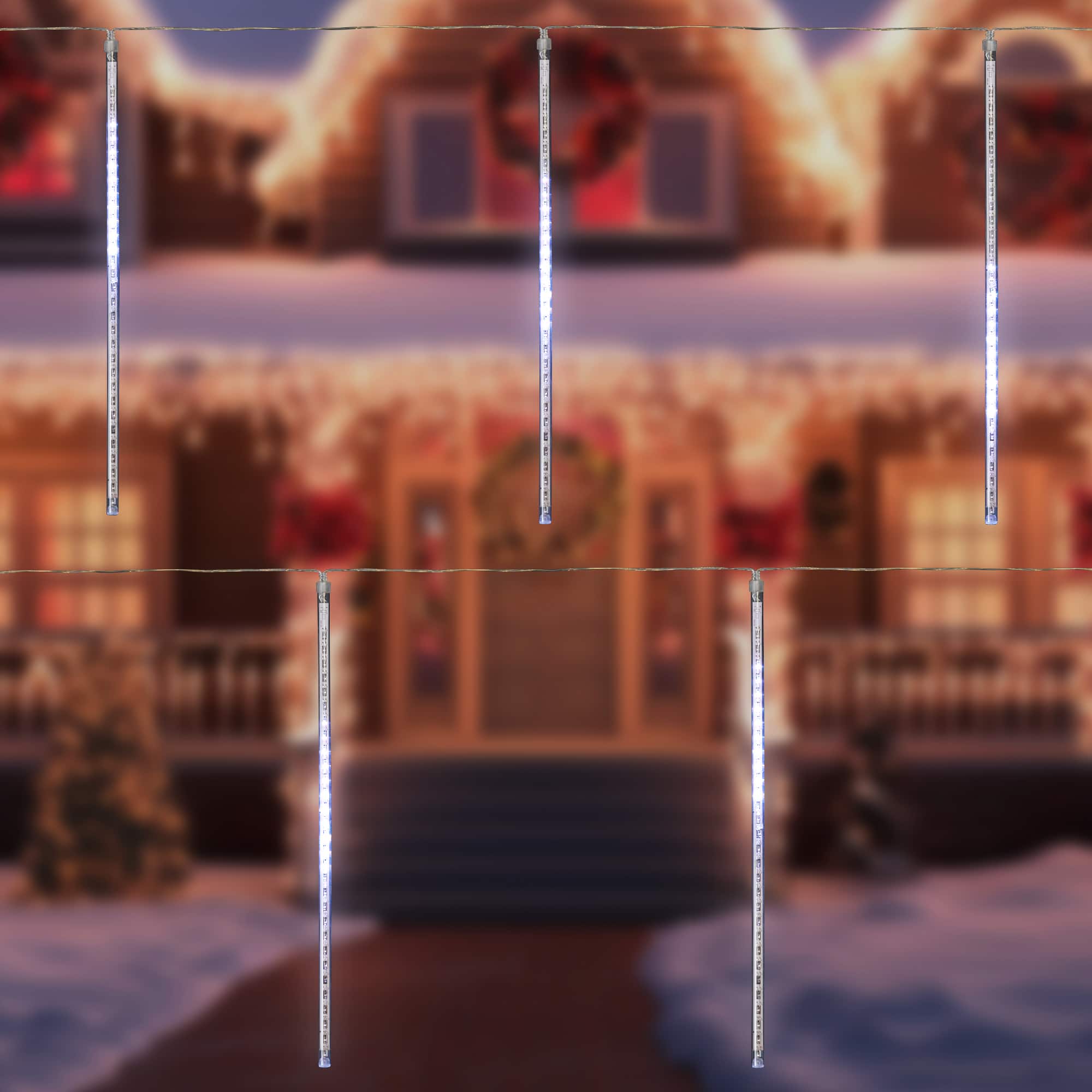 Set of 10 White LED Snowfall Icicle Christmas Tube Lights - 20.5 ft Clear Wire