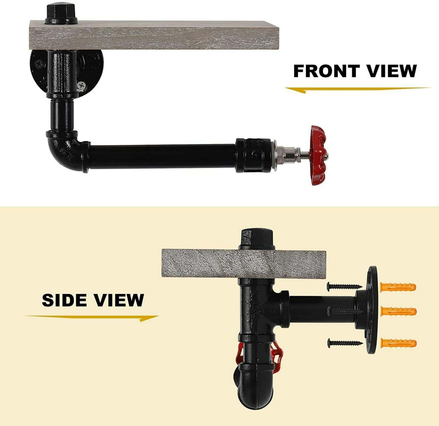 Gray Industrial Wall-Mounted Rustic Toilet Paper Holder with Wood Shelf