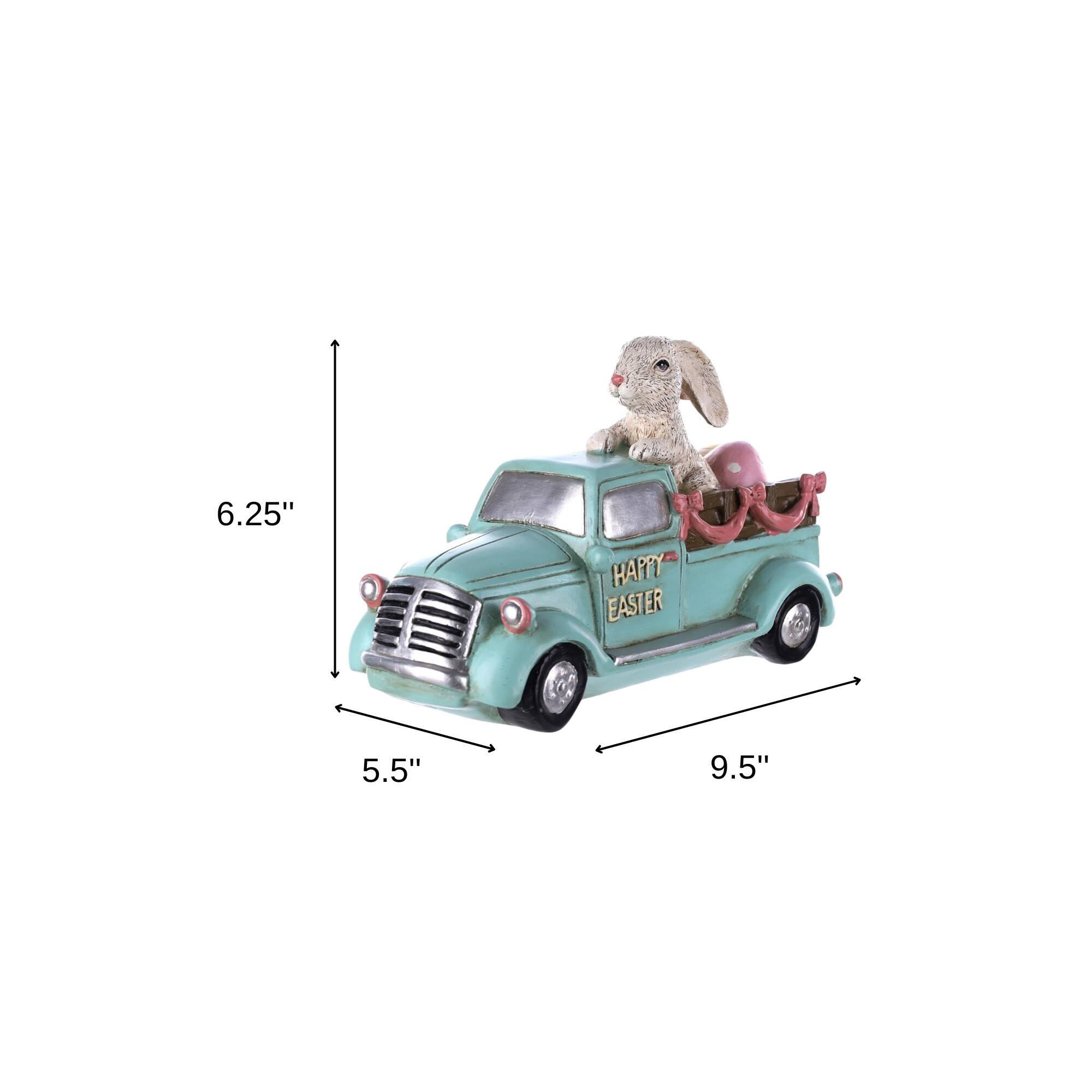 HomeRoots 9.5" Aqua Happy Easter Bunny & Car Resin Figurine
