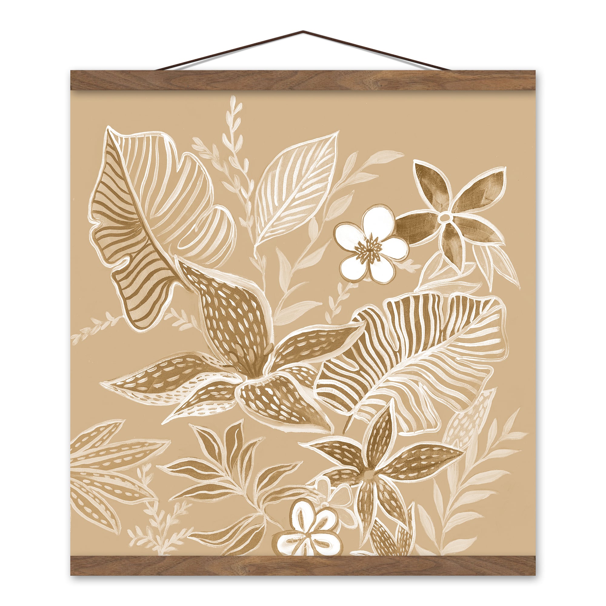 Neutral Tropical Flowers Teak Hanging Canvas