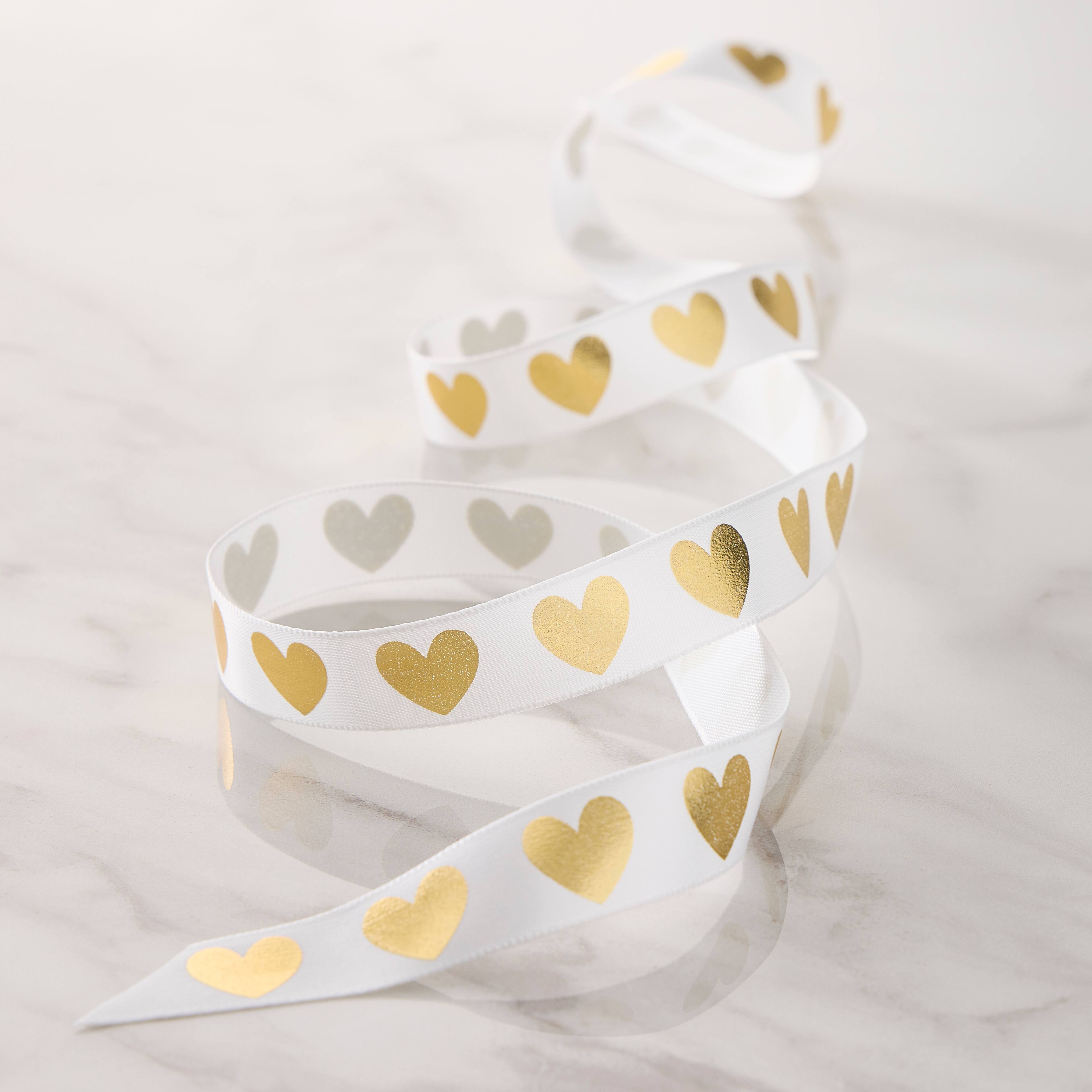 5/8" x 7yd. White & Gold Foil Hearts Satin Ribbon by Celebrate It® Classic