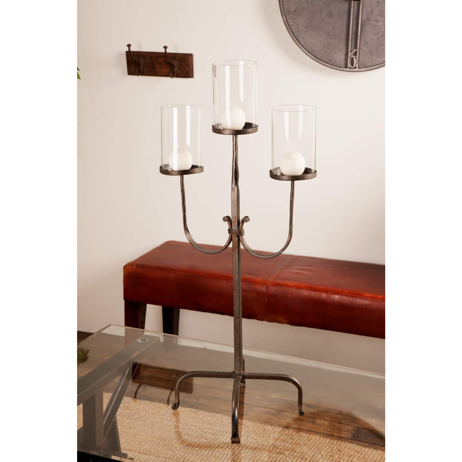 Traditional Black Metal and Glass 3-Light Candelabra, 28" x 15" x 12"