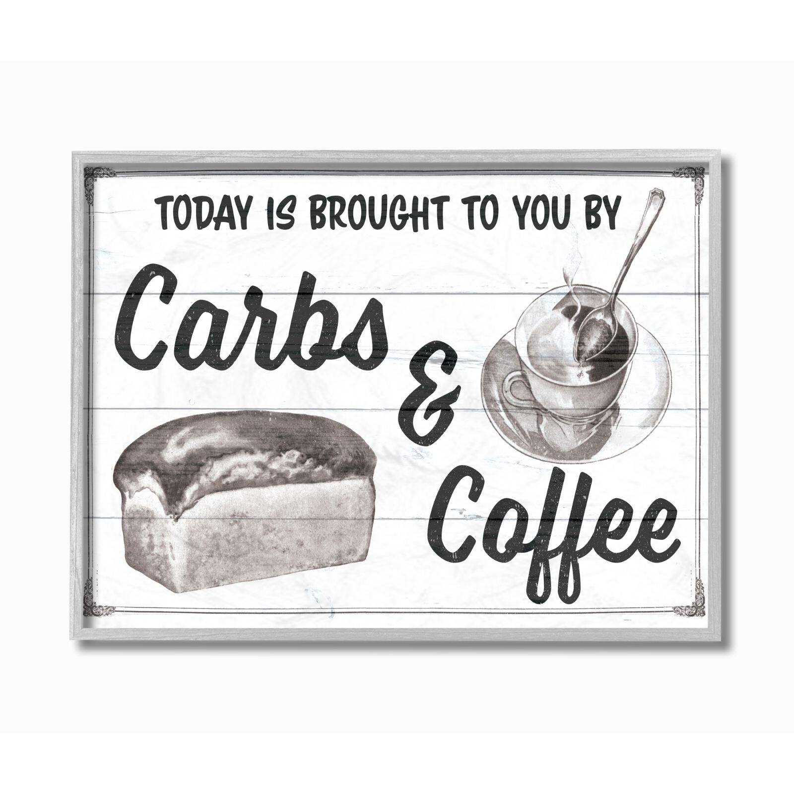 Stupell Industries Carbs and Coffee Kitchen Humor Rustic Word Design Framed Wall Art