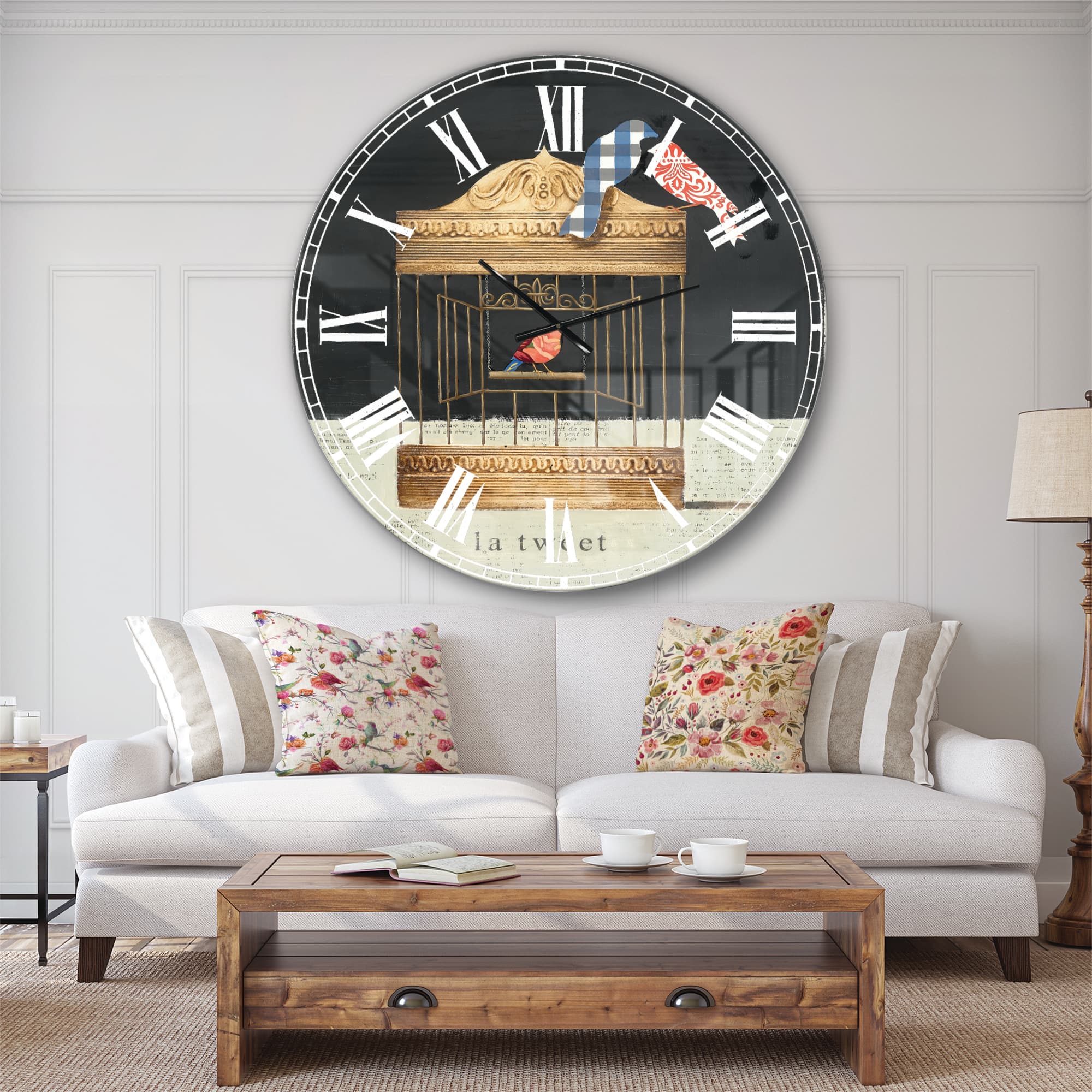 Designart Tweet Gold Birdcage Collage Wall Clock