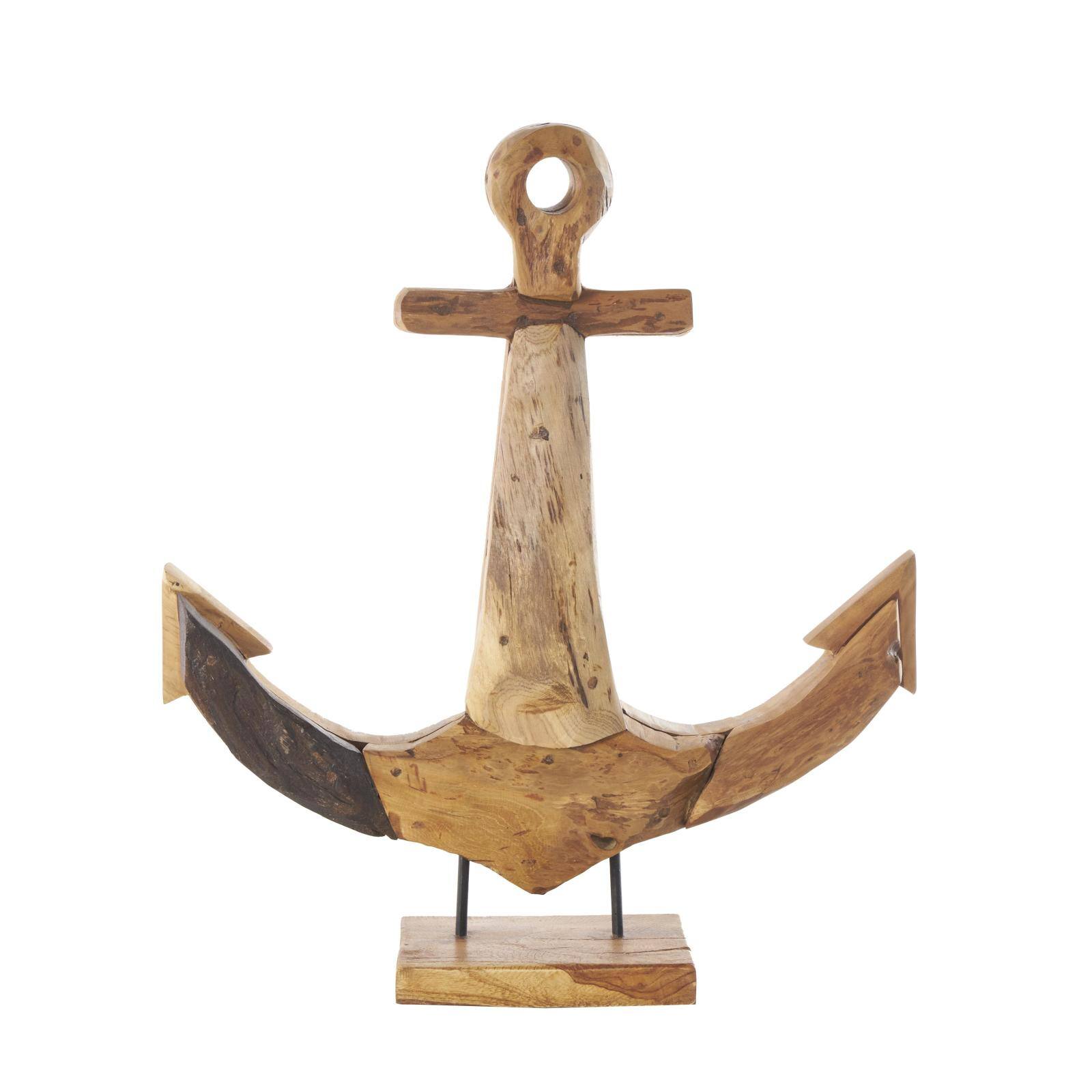 23" Brown Teak Wood Handmade Anchor with Mosaic Live Edge Pieces Decorative Sculpture