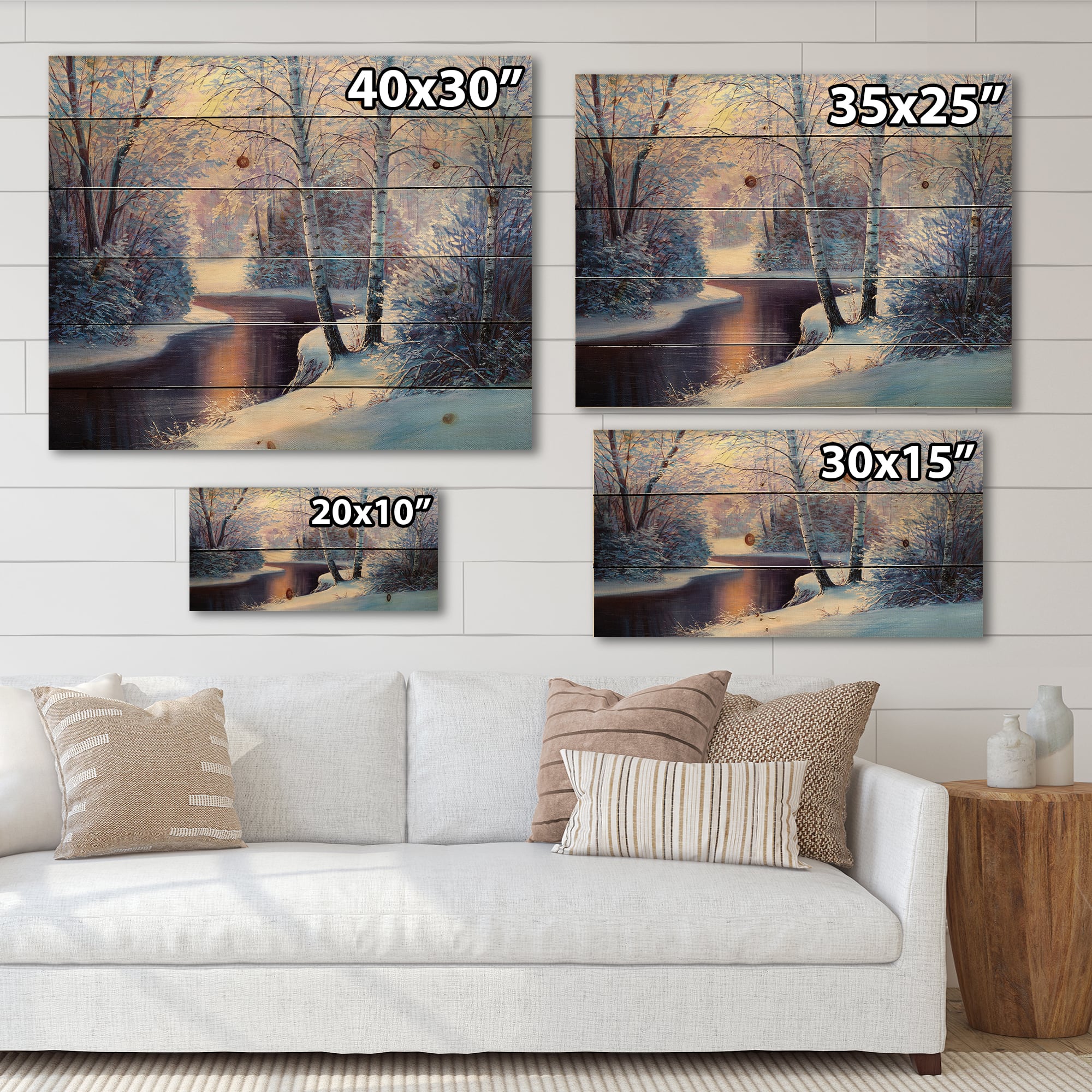 Designart Christmas Forest with River & Trees I Print on Natural Pine Wood