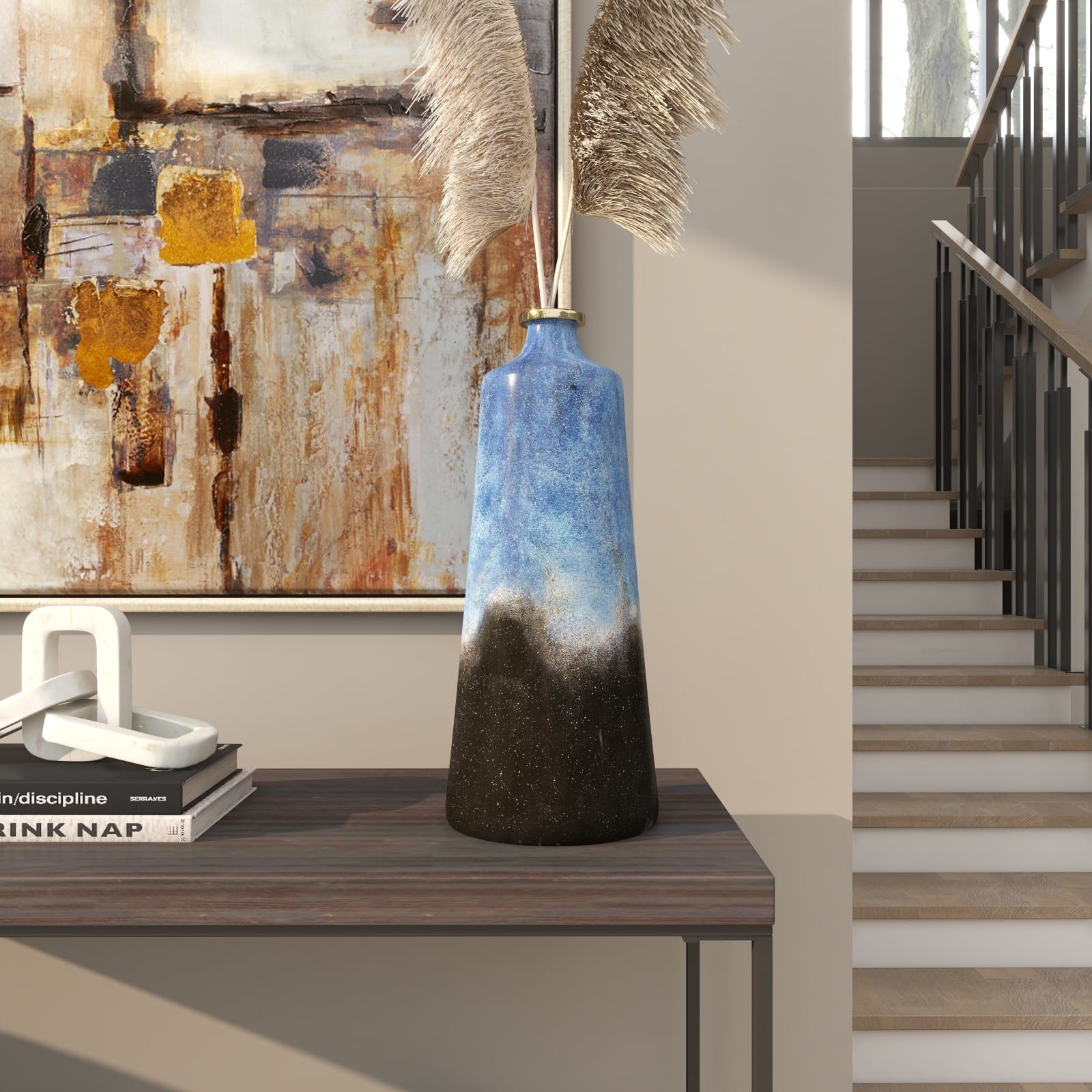 20" Blue Glass Galaxy Inspired Abstract Vase with Gold Top