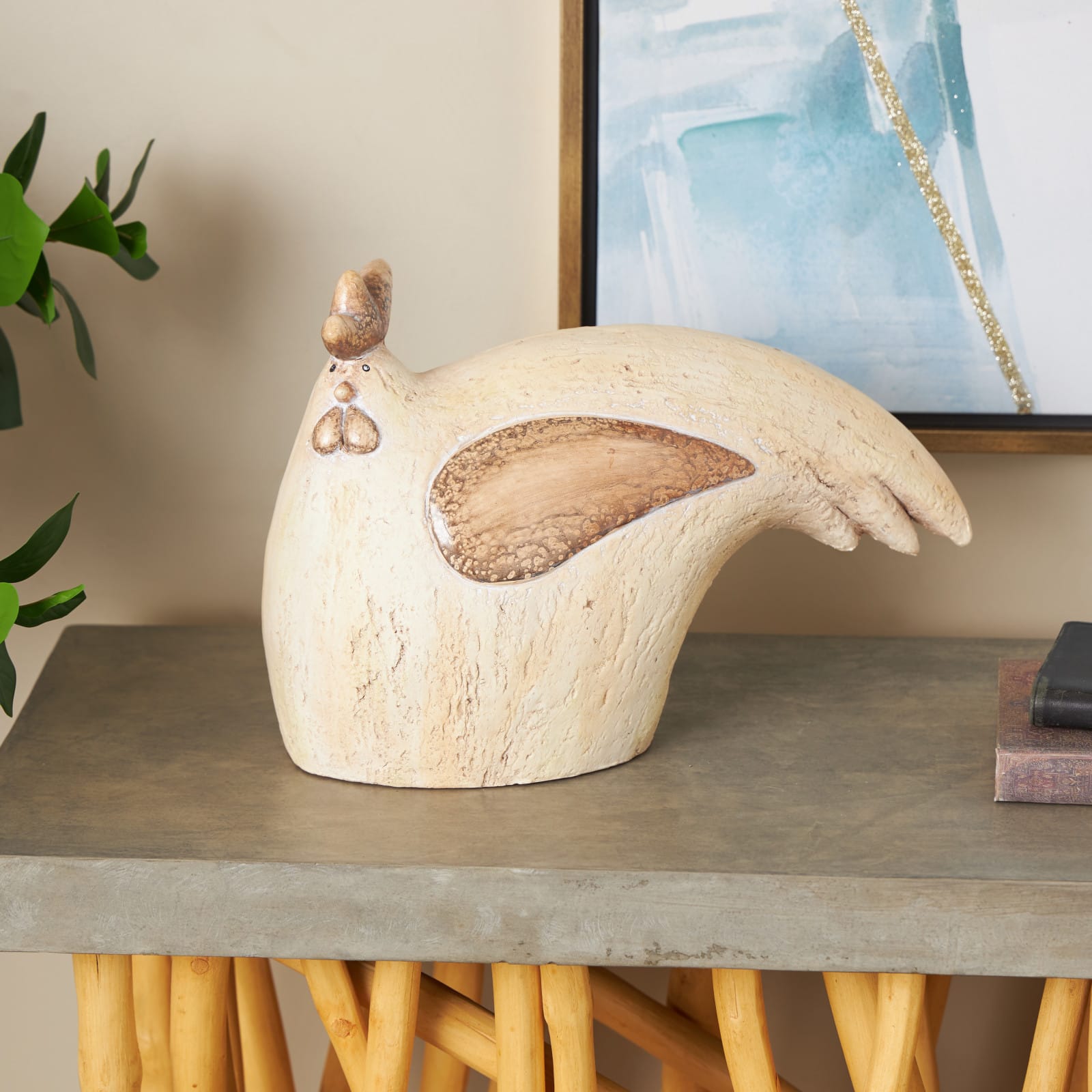 Cream & Brown MGO Rooster Sitting Garden Sculpture