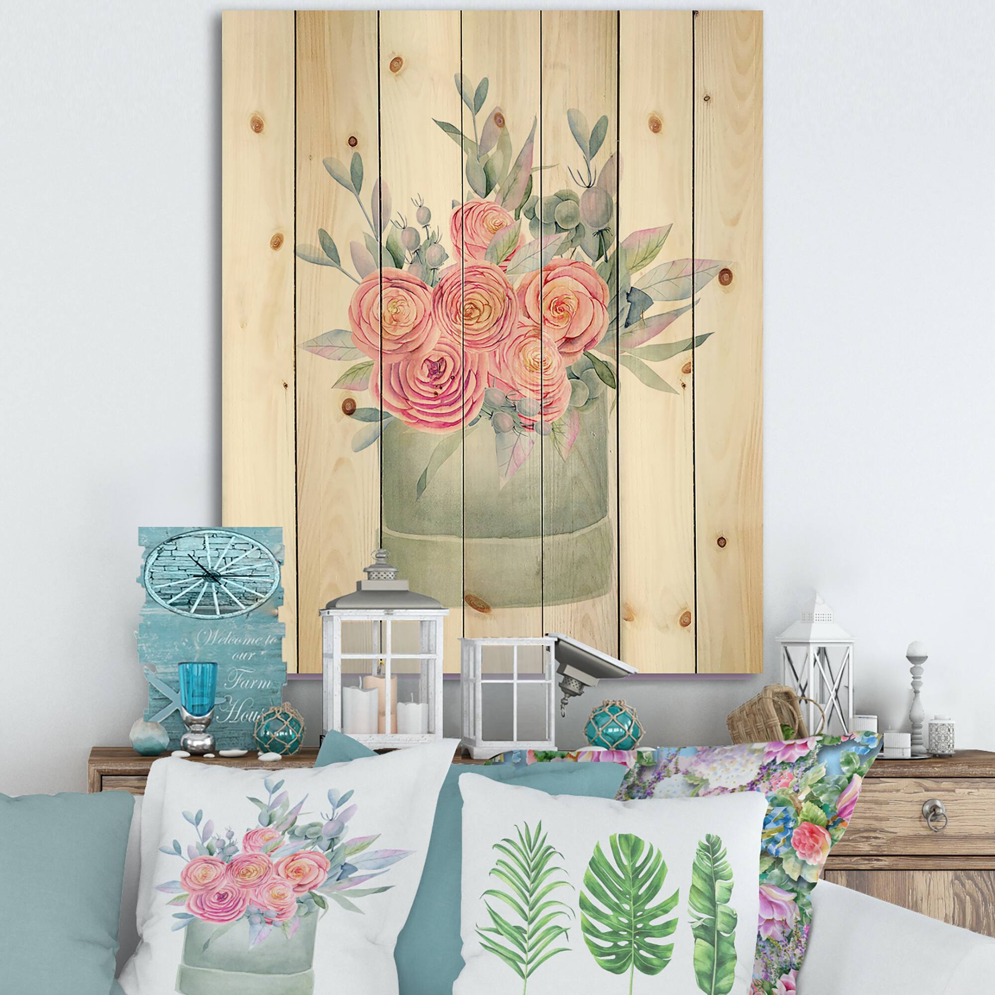 Designart - Gift Box With Pink Roses - Farmhouse Print on Natural Pine Wood
