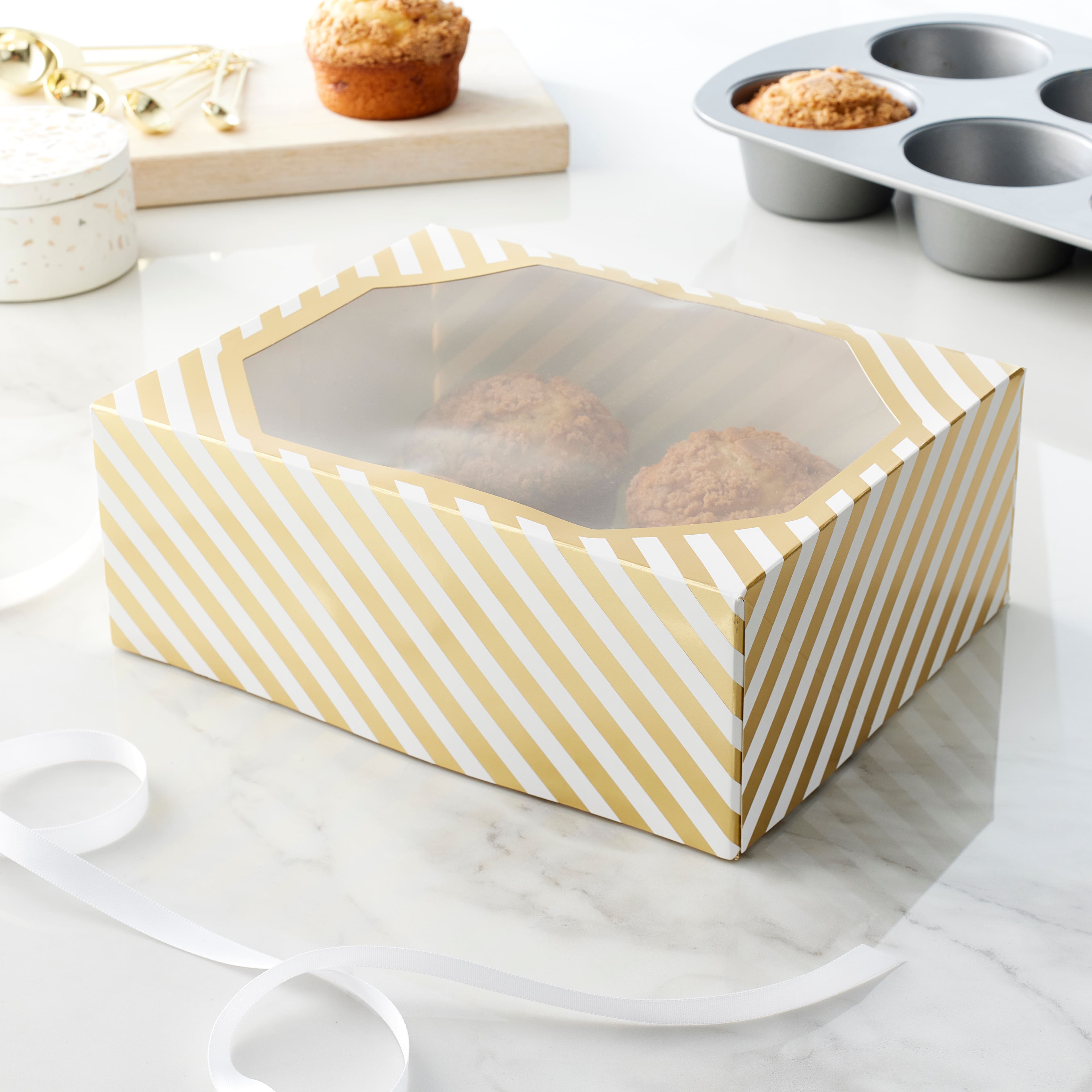 6 Packs: 3 ct. (18 total) Gold & White Striped Treat Boxes by Celebrate It®