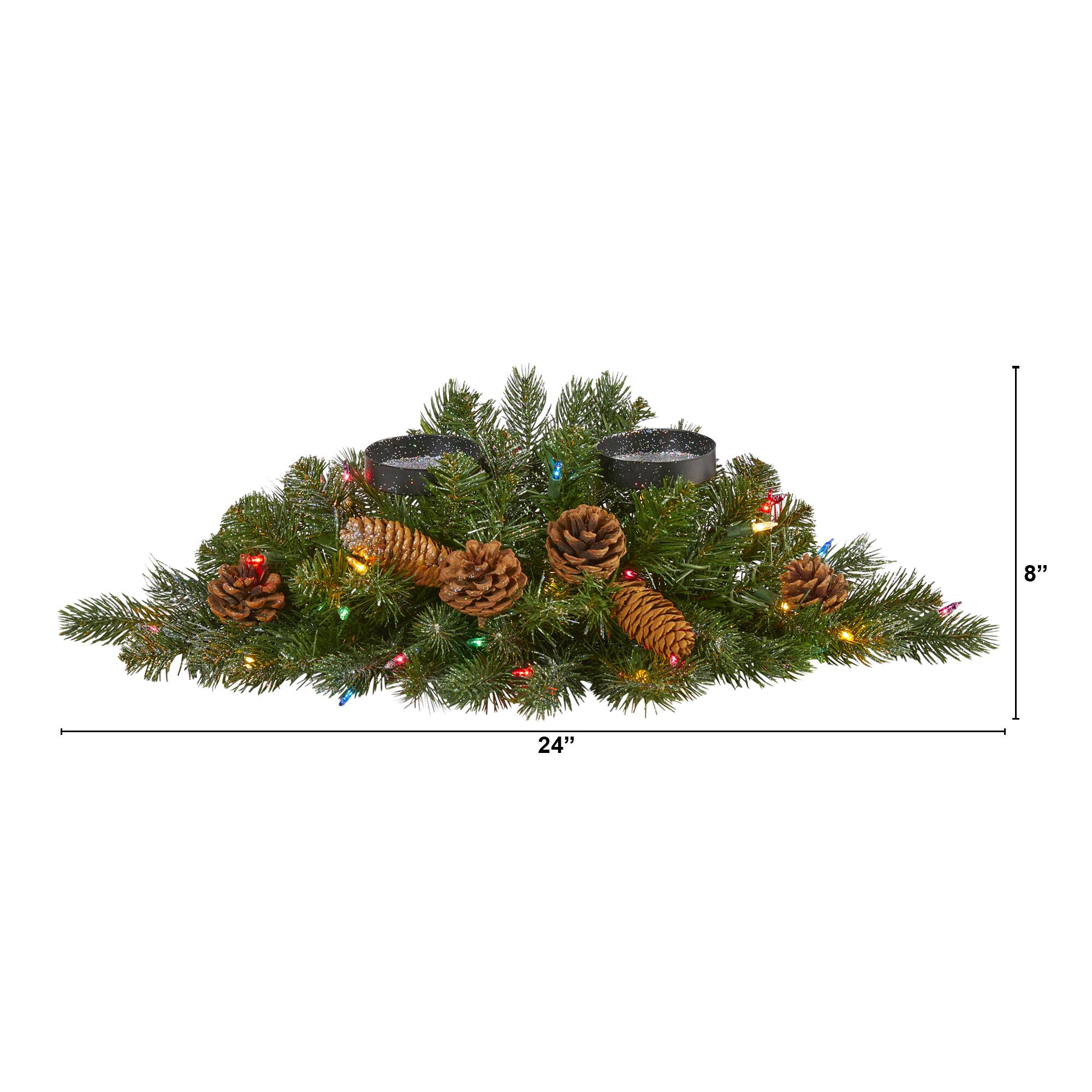 24" Pre-Lit Flocked & Glittered Pine & Pinecones Double Candelabrum