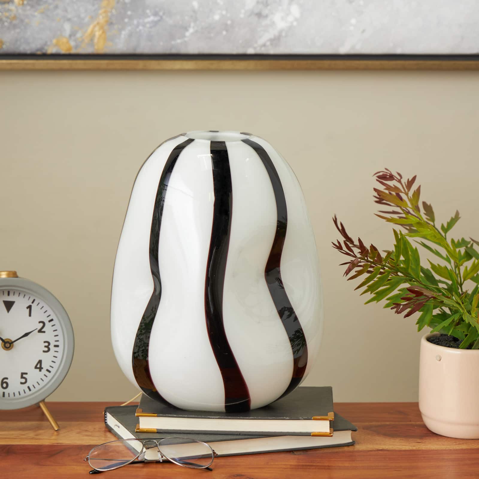 12" White & Black Stripes Glass Round Concaved Vase