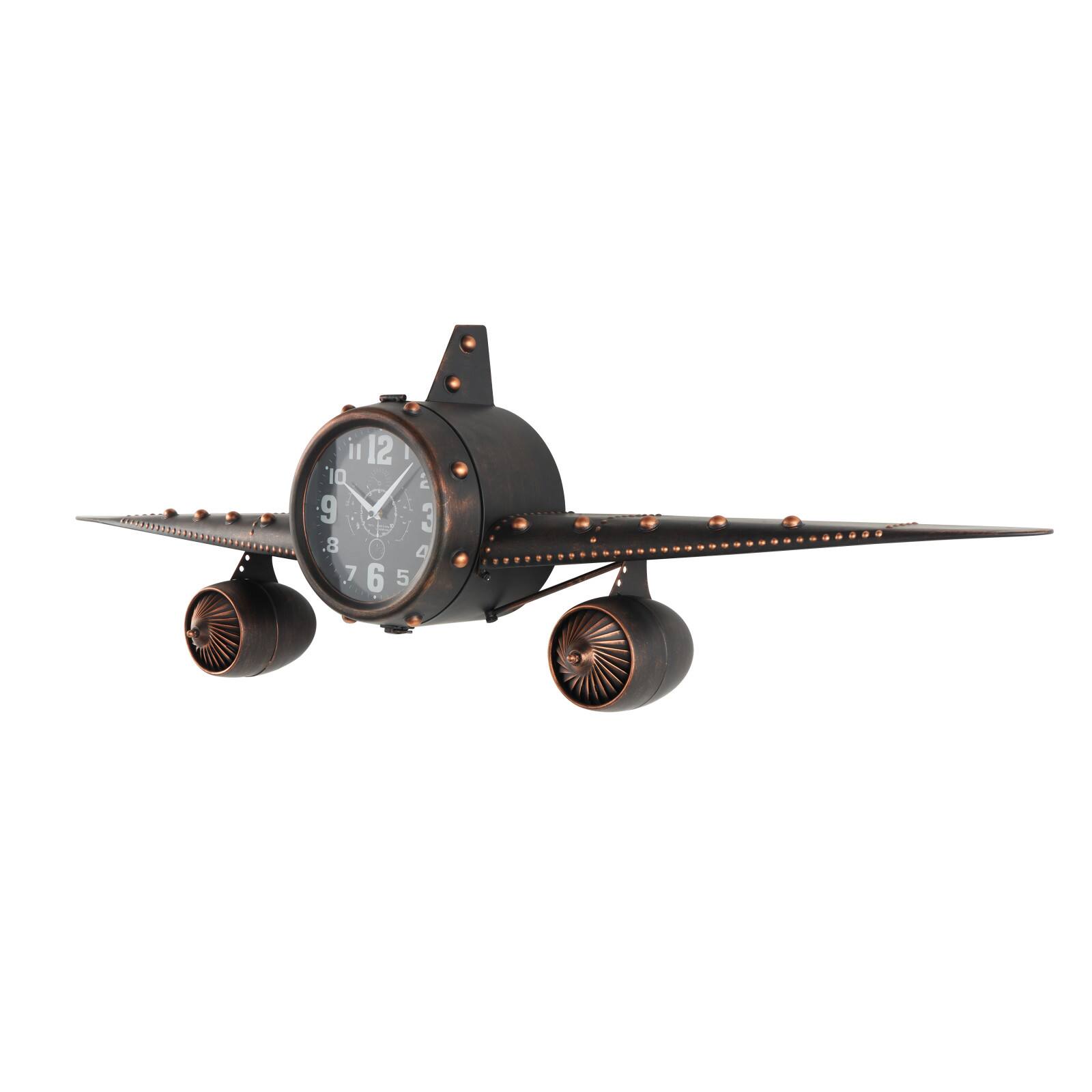 17" Dark Brown Metal Airplane Decorative Wall Clock with Copper Accents