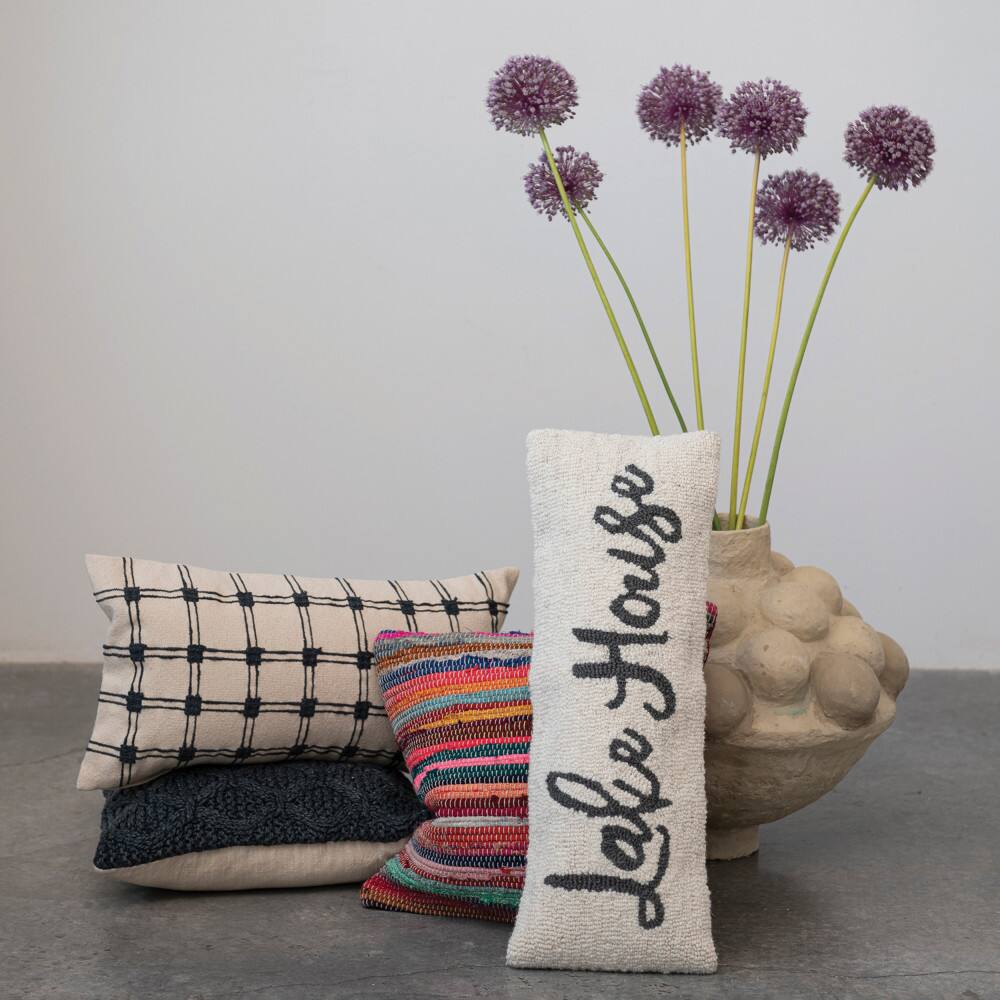 Hello Honey® Cream & Navy Embroidered Lake House Wool & Cotton Lumbar Pillow