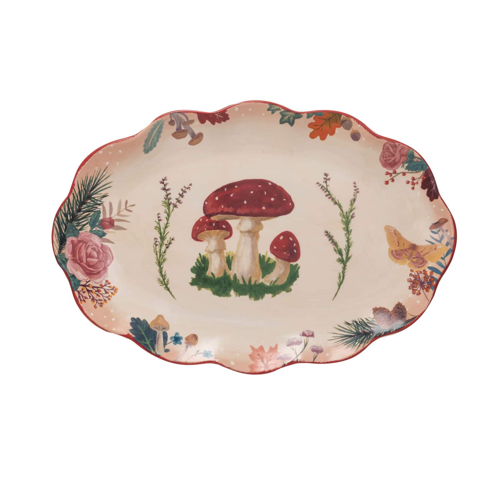 Hello Honey® 14" Red Rimmed Woodland Flora Ceramic Platter