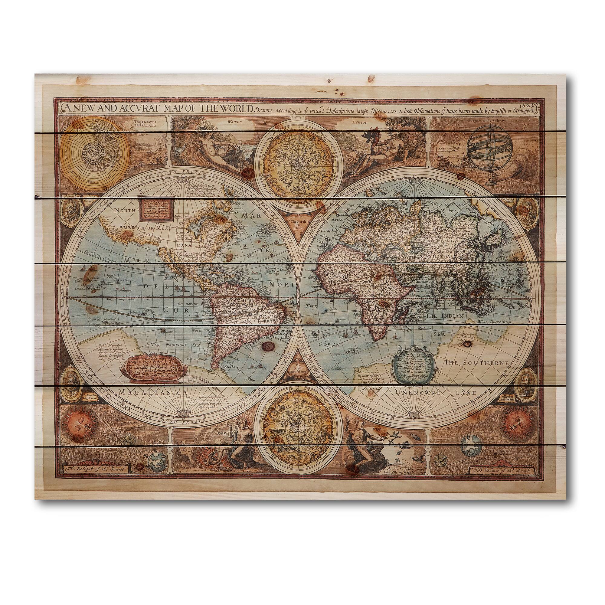 Designart - Ancient Map of The World VIII - Vintage Print on Natural Pine Wood