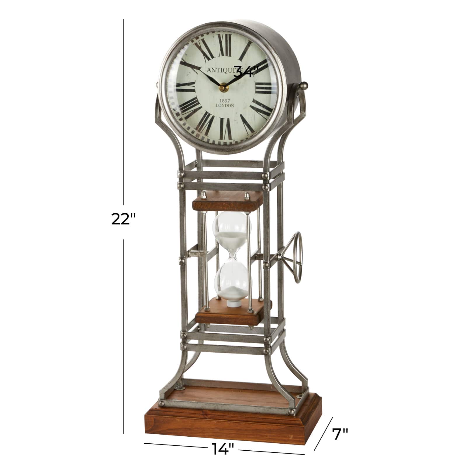 23" Gray Metal Rustic Clock With Hourglass