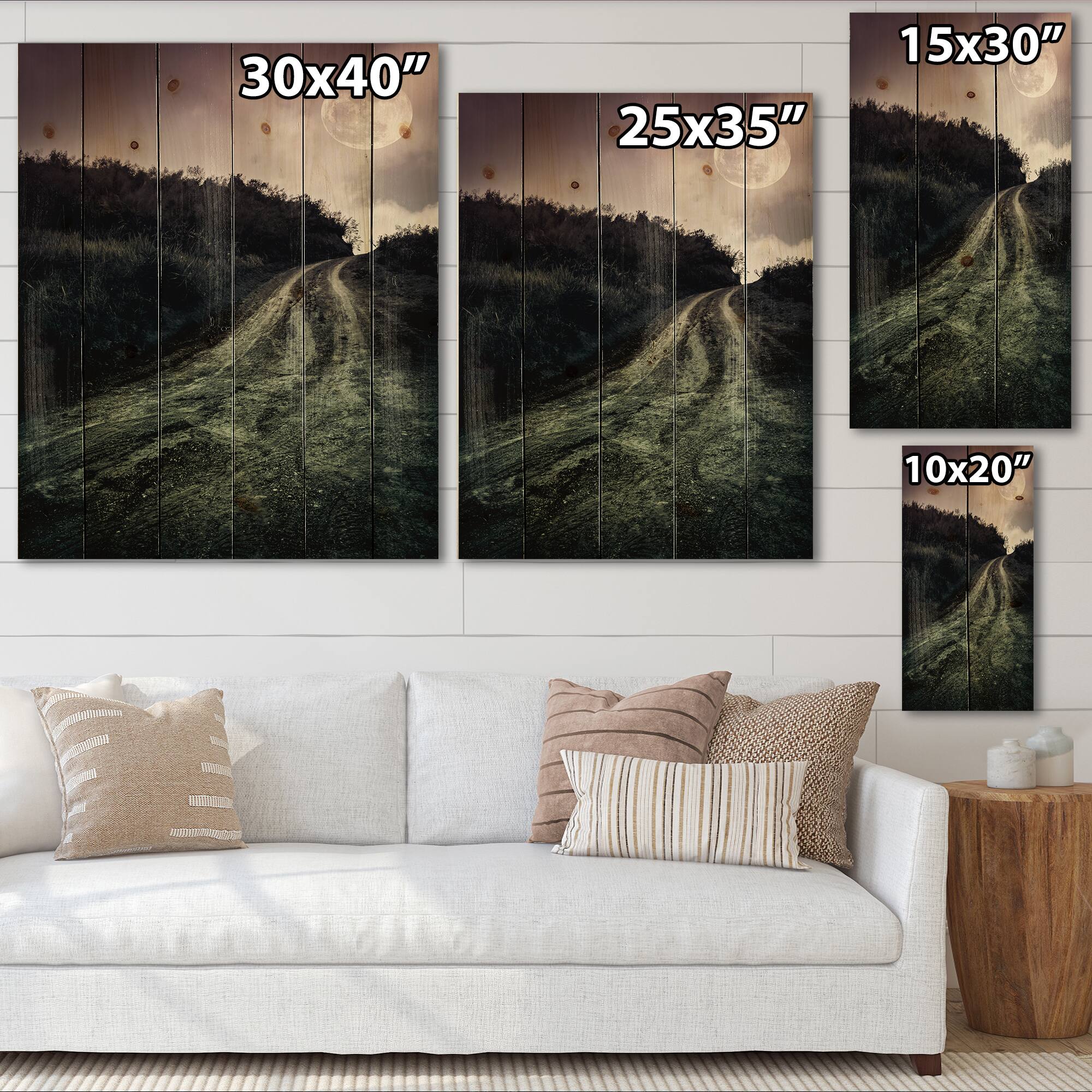 Designart - Muddy Road Under Full Moon - Modern Print on Natural Pine Wood