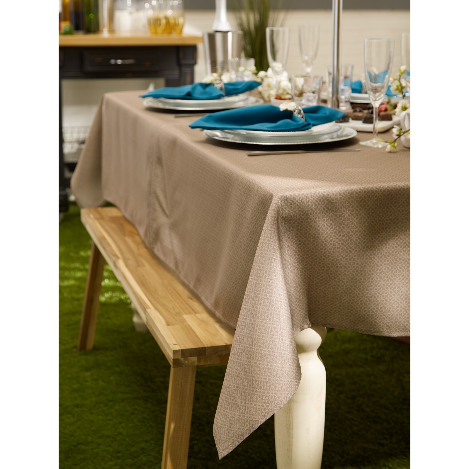 Stone Tonal Lattice Print Outdoor Tablecloth With Zipper 60" x 120"