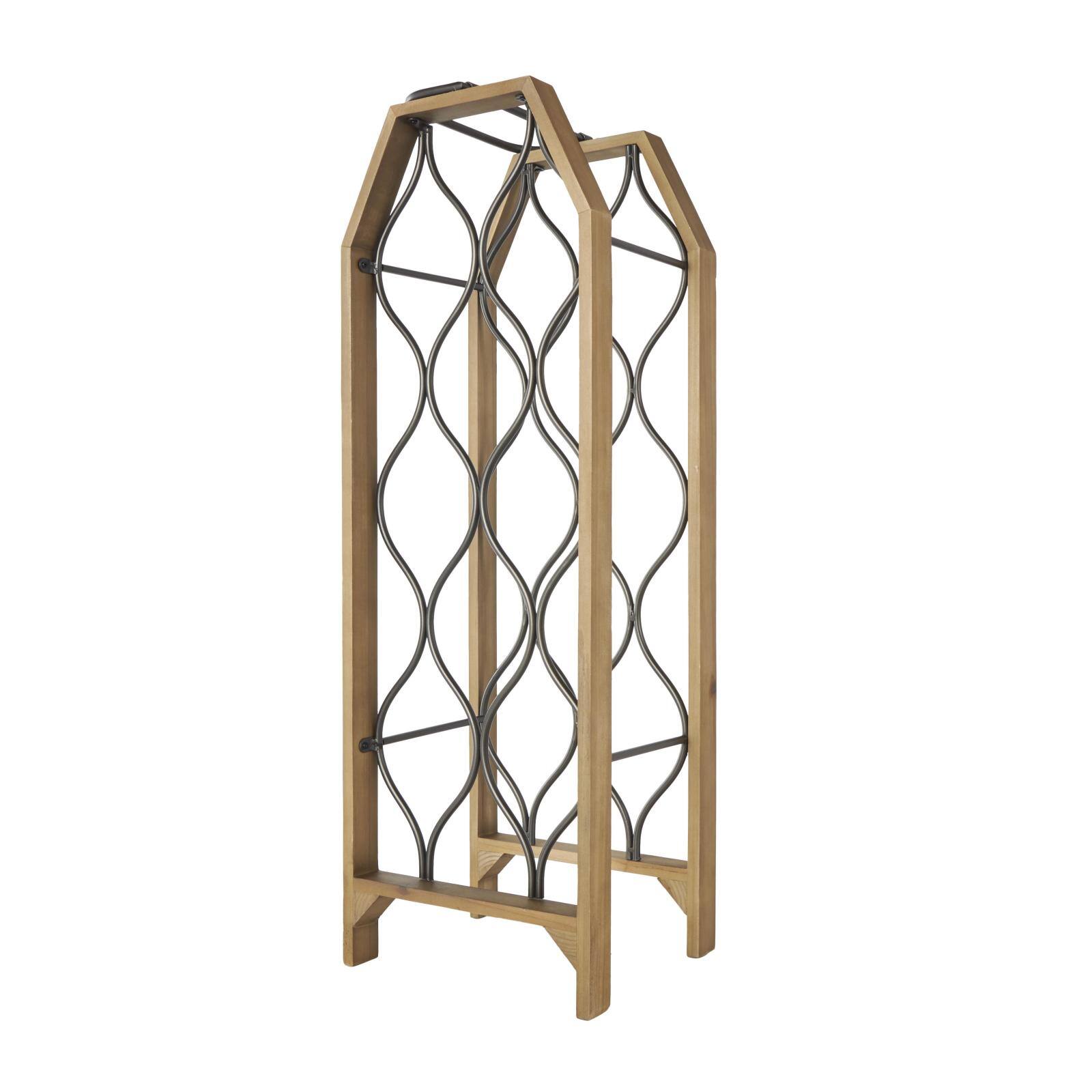 10" x 29" Brown Wood Tall 8 Slot Wine Rack with Gray Metal Curved Teardrop Holders