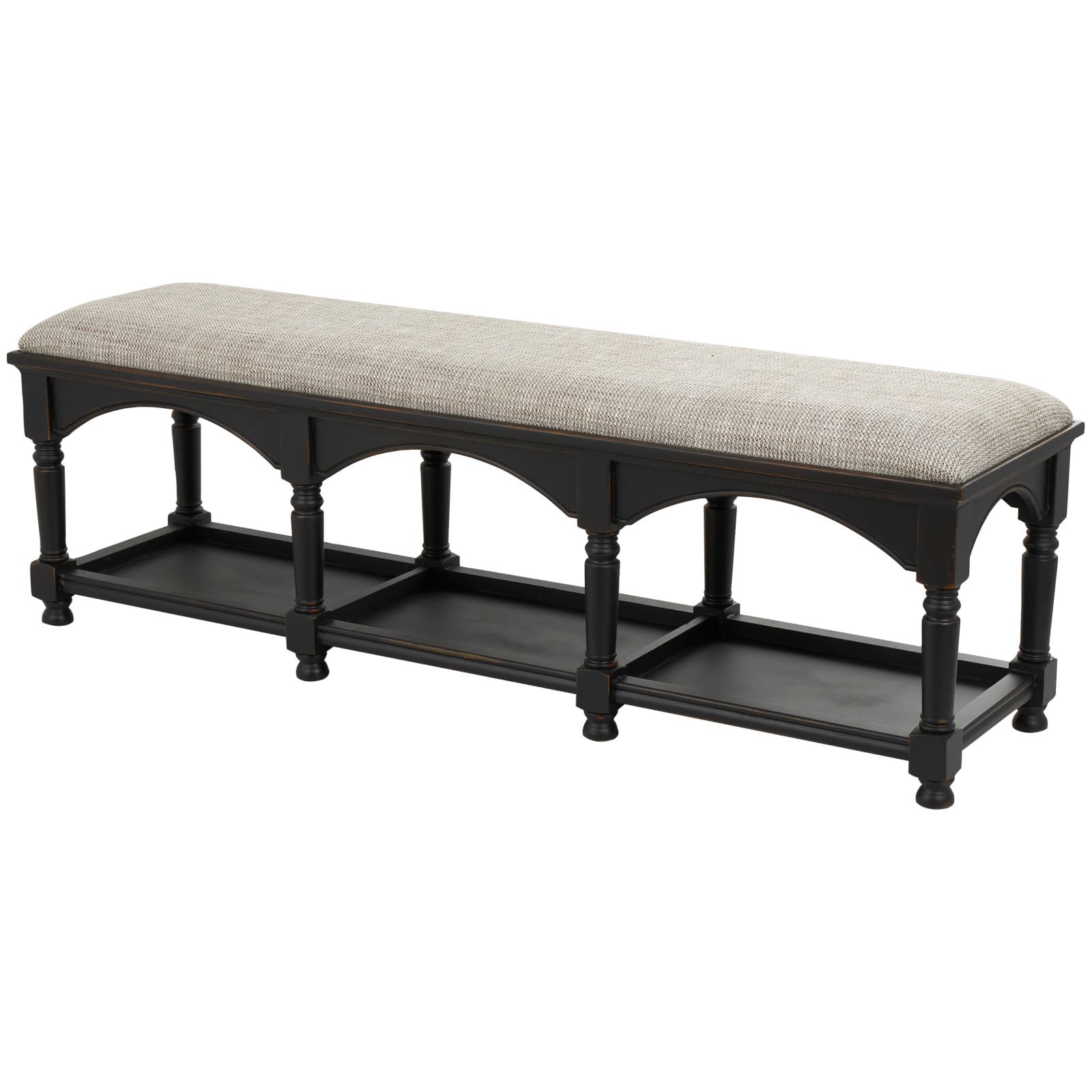 59" Black & Beige Fabric Arched Storage Bench with Traditional Turned Legs