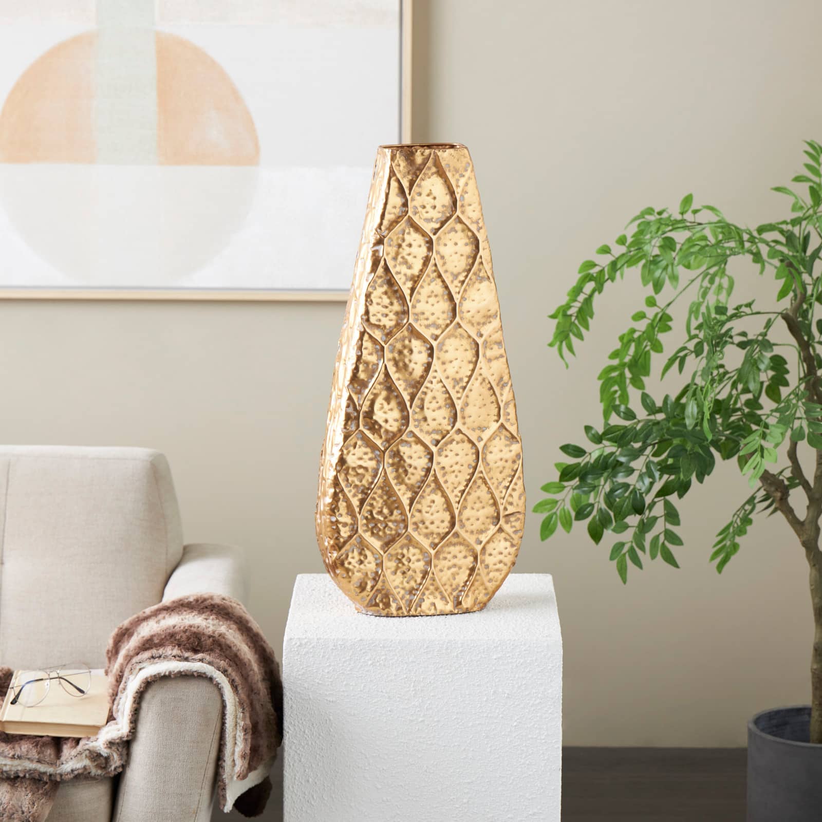 28" Gold Metal Vase with Peacock Inspired Design