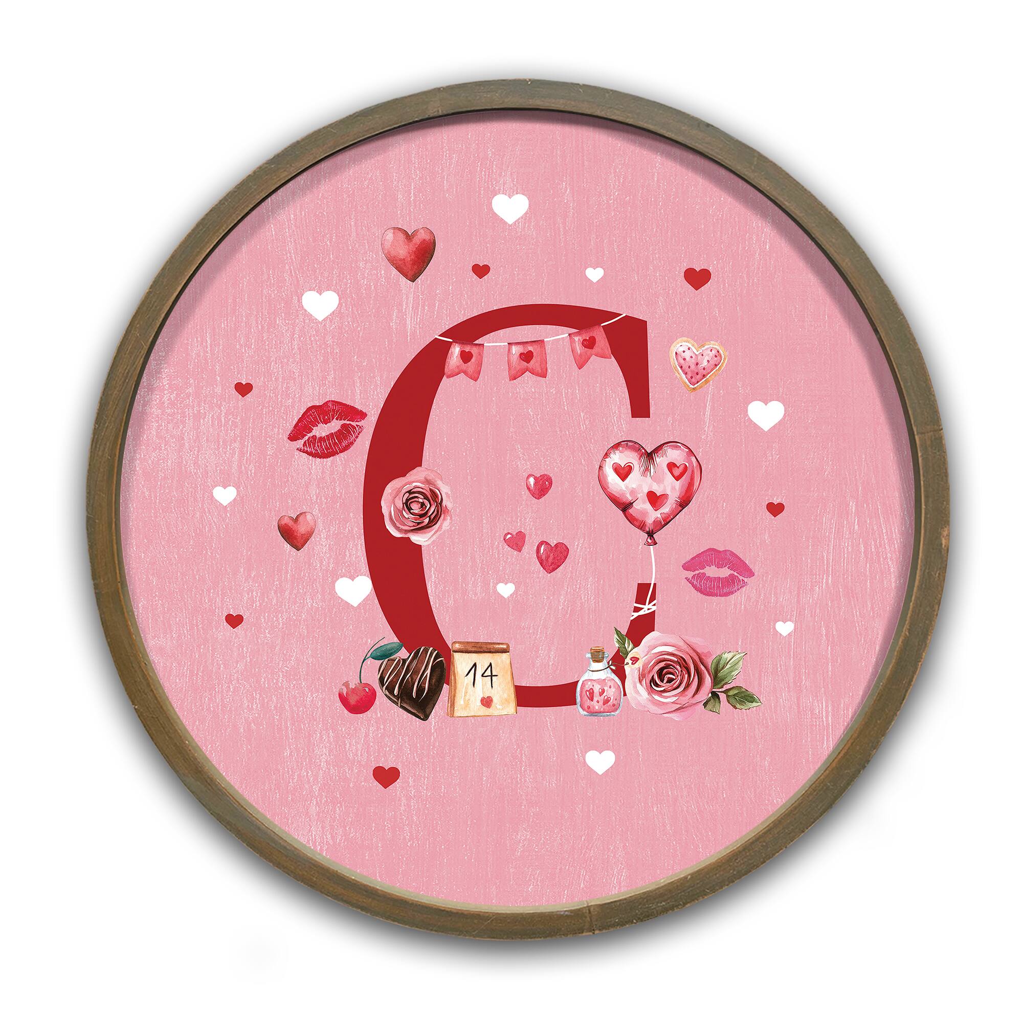 Valentine Things Monogram Round Brown Framed Print