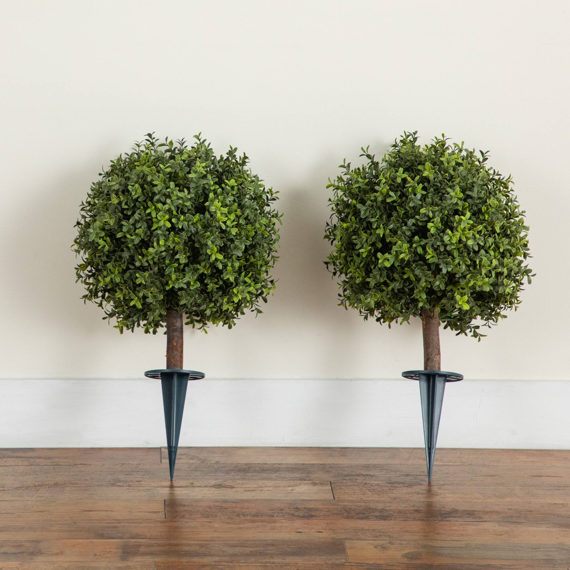 2ft. UV Resistant Artificial Boxwood Topiary with Integrated Ground Stake (Indoor/Outdoor) - Set of 2
