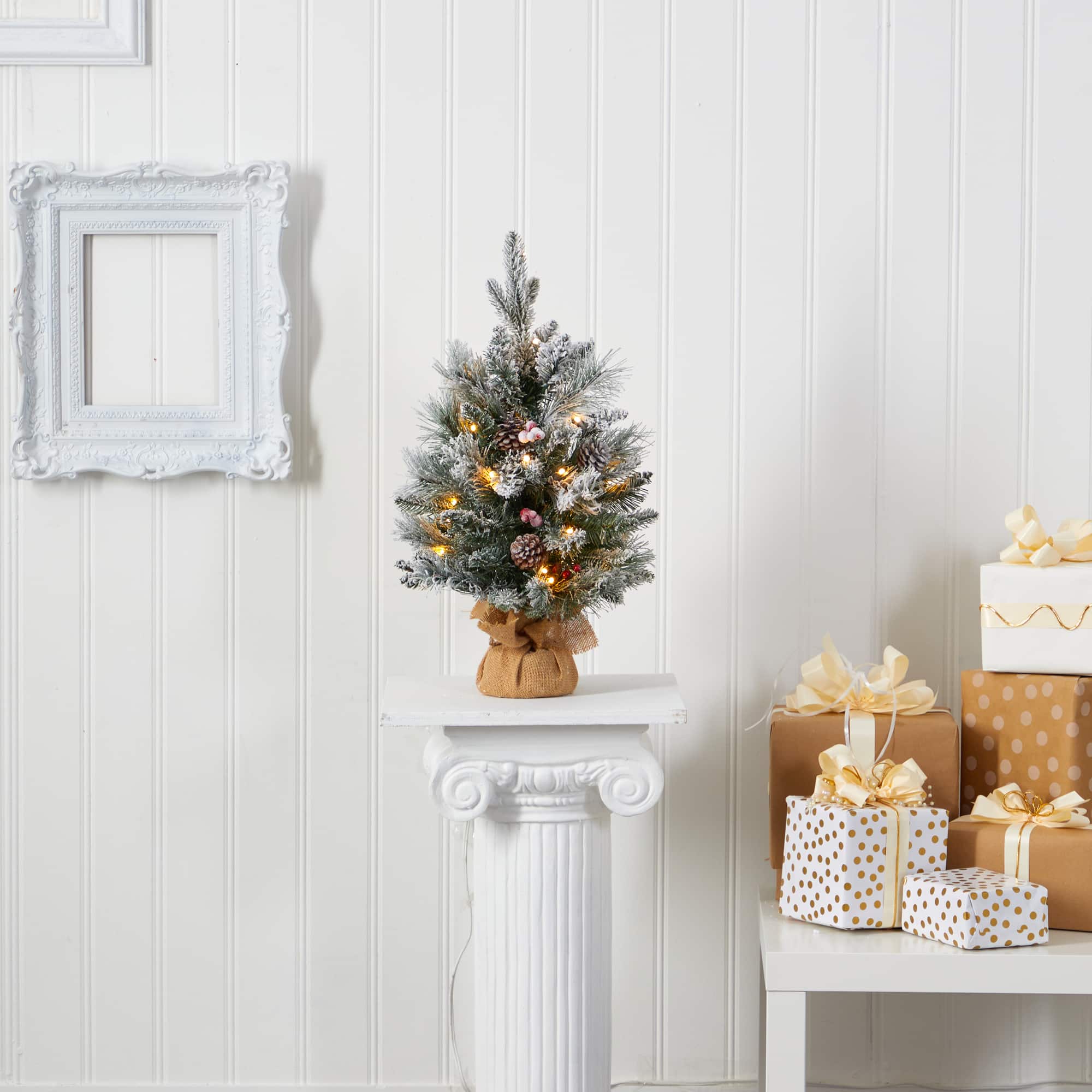 2ft. Pre-Lit Flocked Pinecones & Berries Artificial Christmas Tree with Clear LED Lights