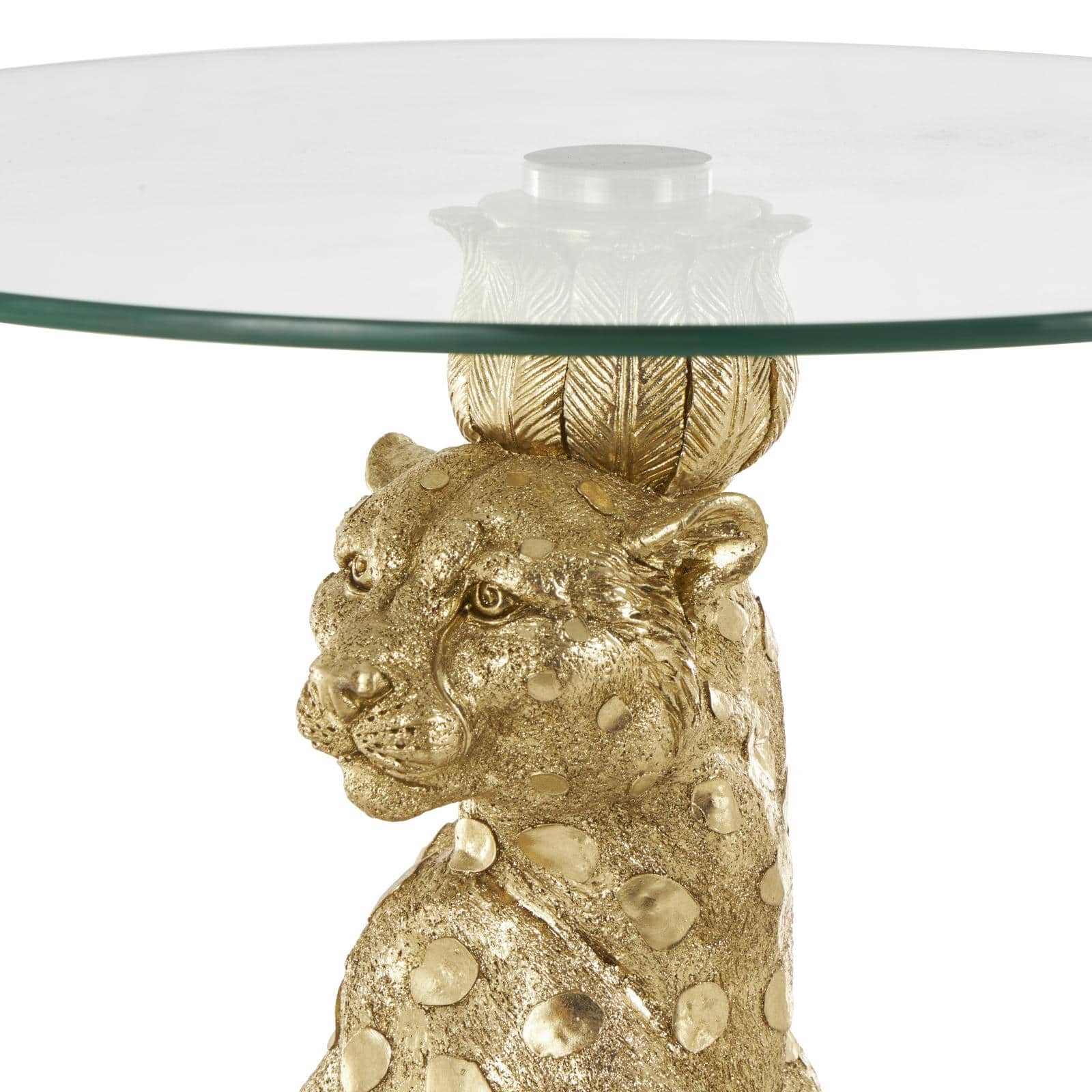 21" x 25" Gold Resin Leopard Sitting Metallic Accent Table with Round Glass Tabletop