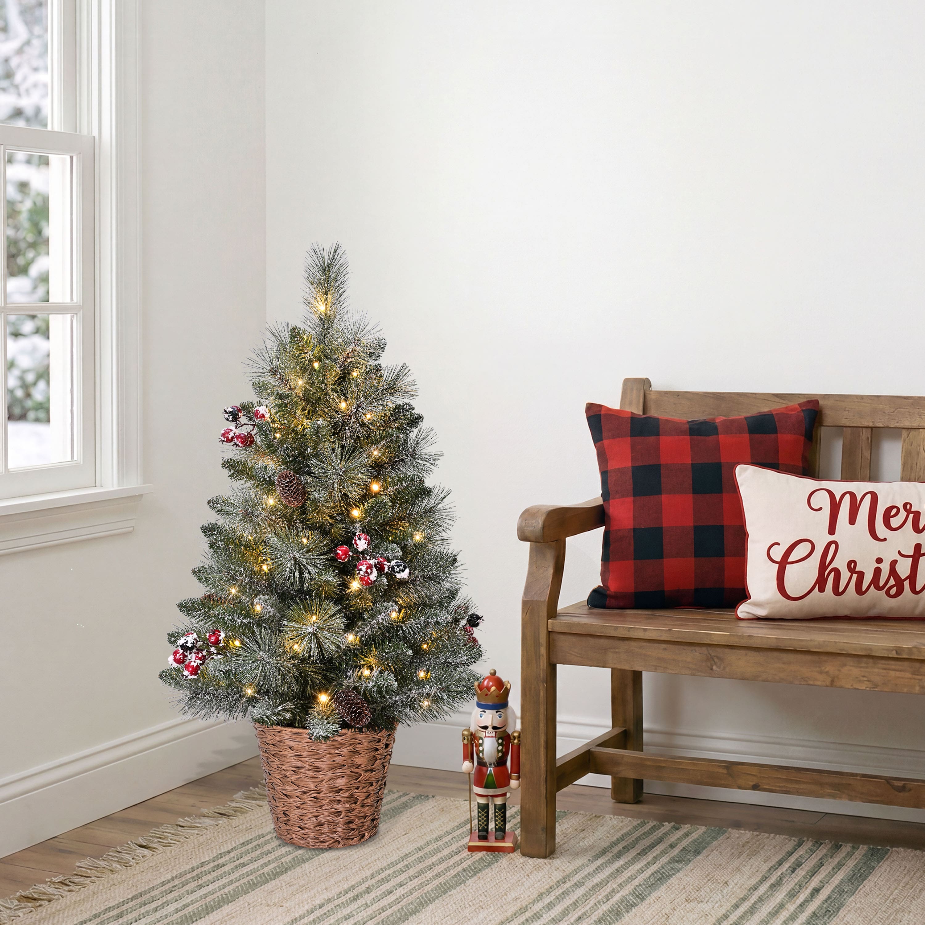 Puleo 3ft. Pre-Lit Snowy Pine, Pinecones & Berries Artificial Christmas Tree in Baskets, Warm White LED Lights