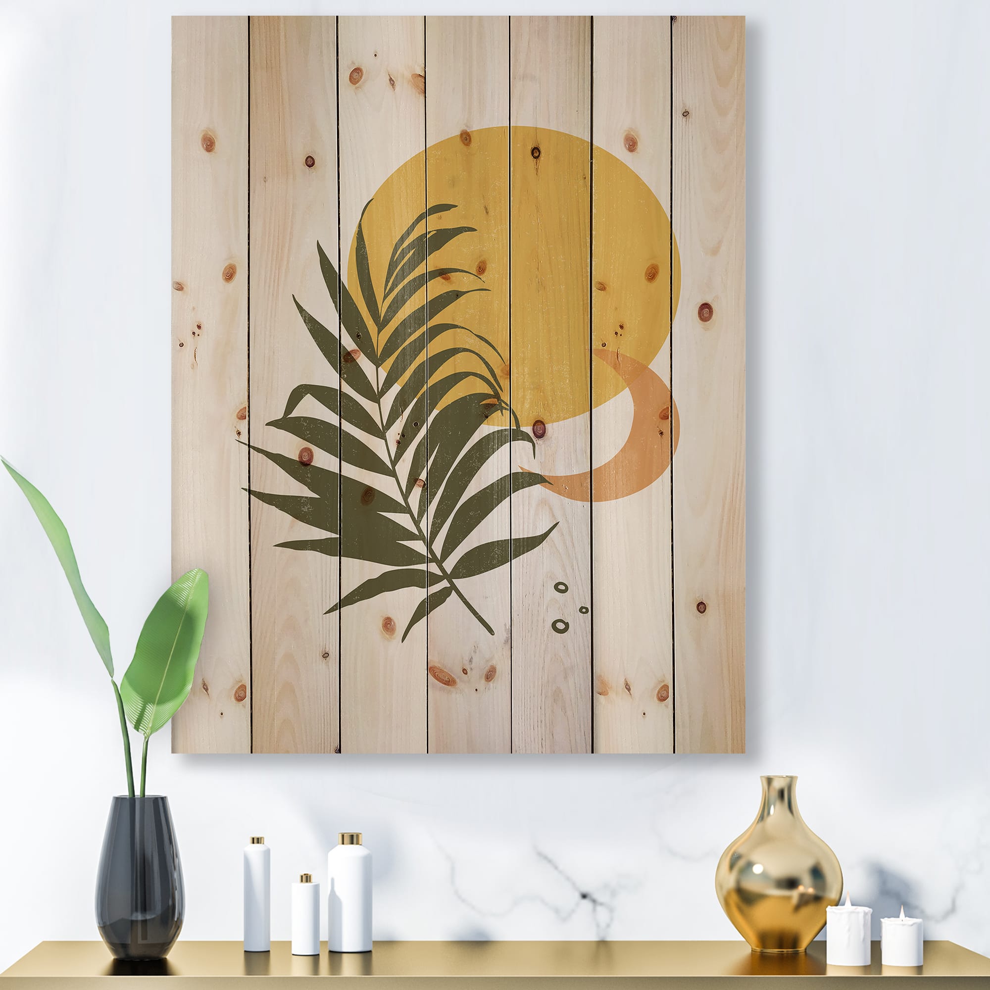 Designart - Abstract Yellow Sun and Moon With Tropical Leaf I