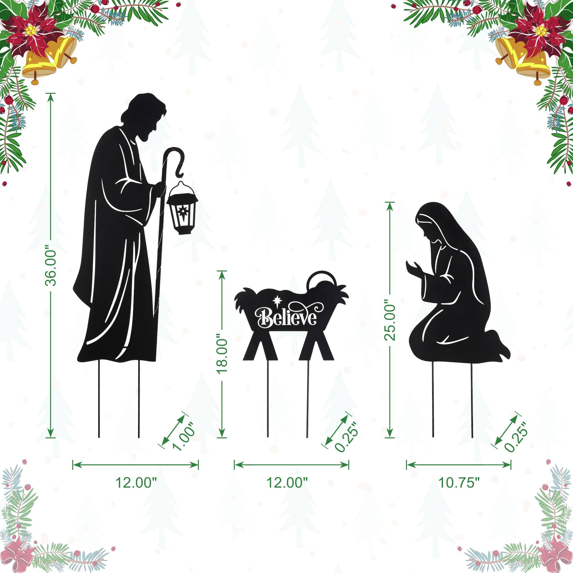 Glitzhome® Set of 3 Christmas Metal Silhouette Holy Family Yard Stake with Timer