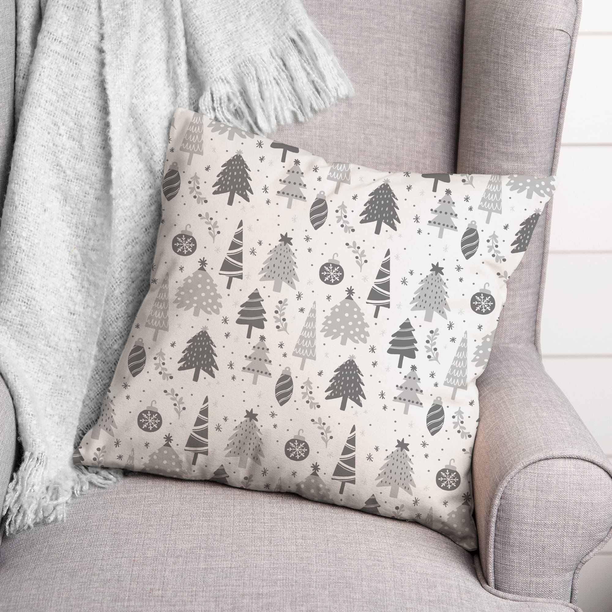 Gray Tree Ornament Pattern 18" x 18" Spun Poly Pillow