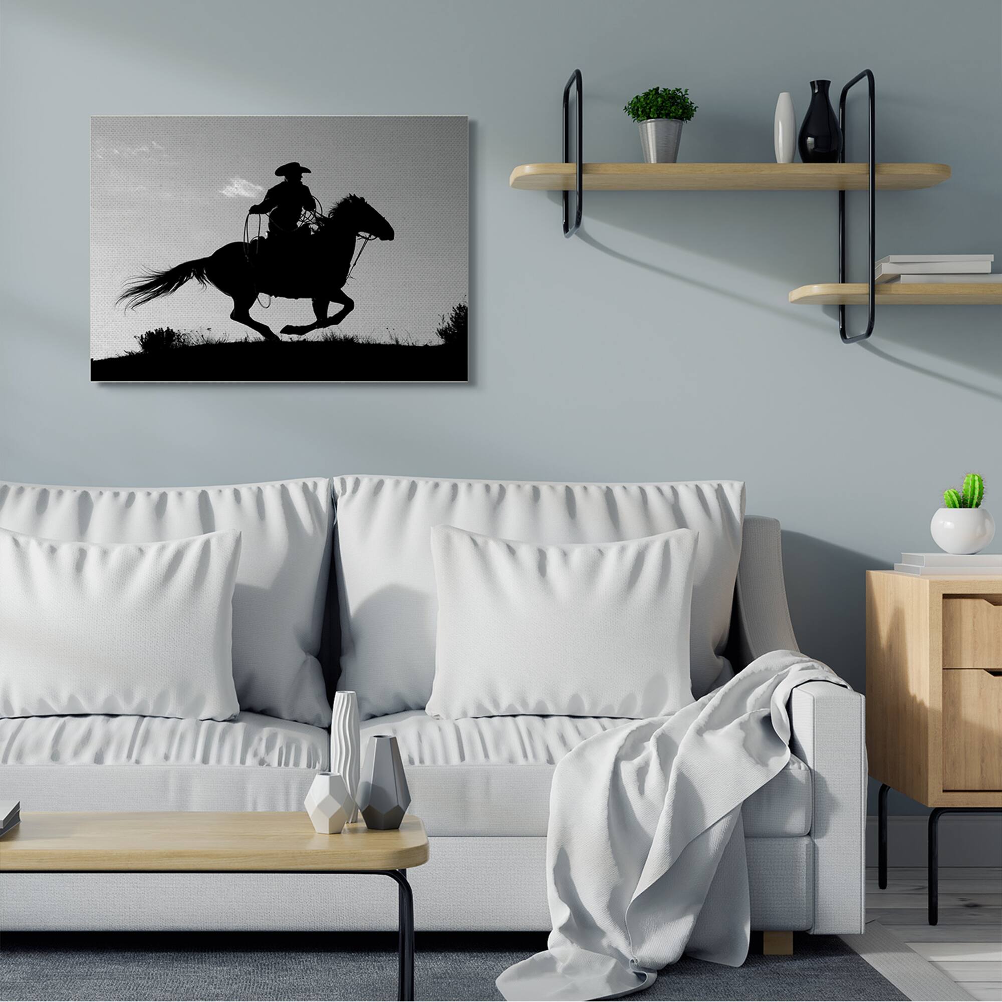 Stupell Industries Southwestern Cowboy Silhouette Black White Horse Canvas Wall Art