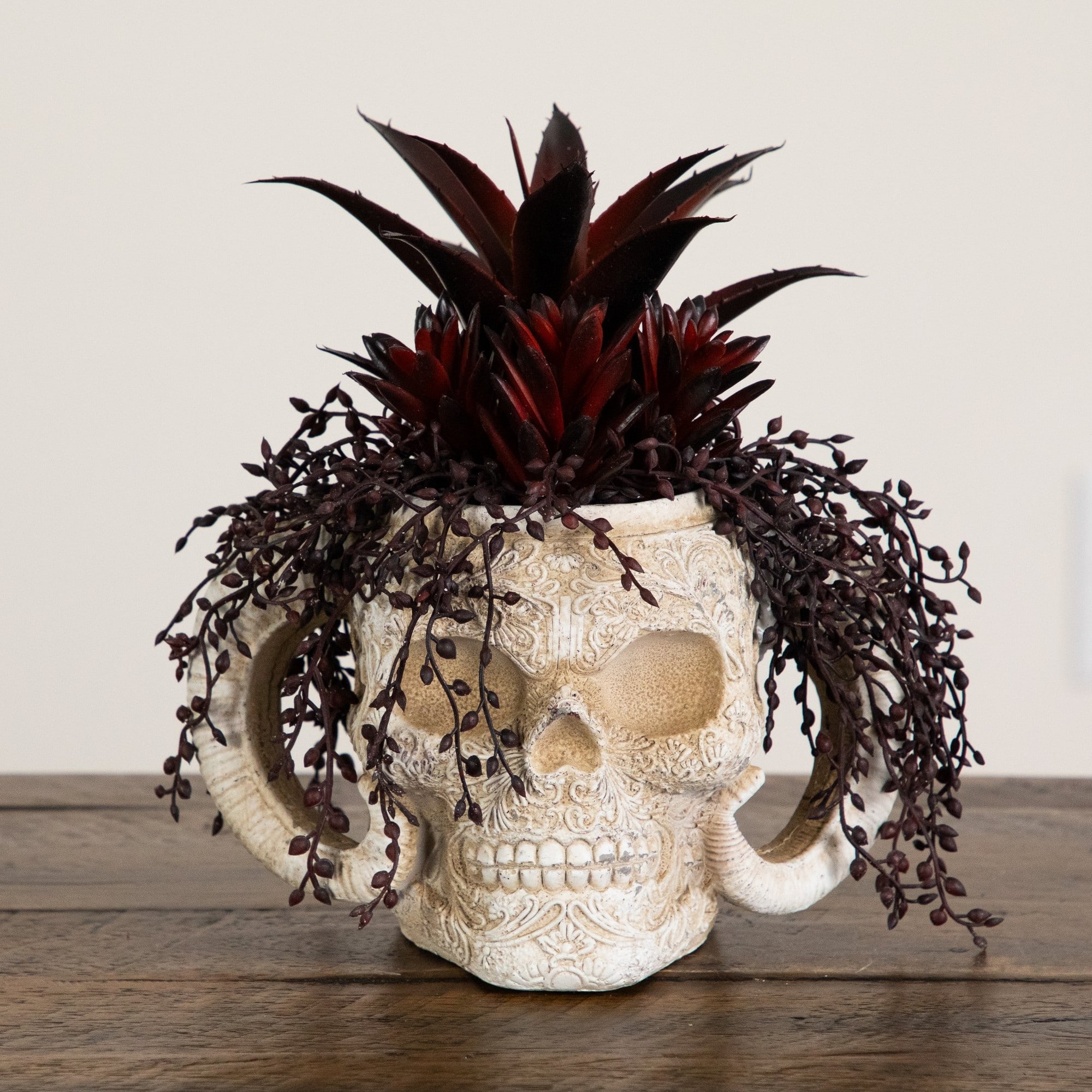 8" Artificial Halloween Succulent Garden in Horned Skull Planter